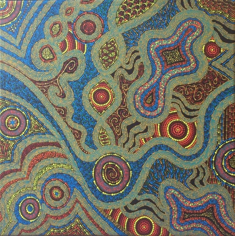 Art aborigène contemporain par Caroline Pons, Toile #208. Motifs de points complexes bleus, rouges, jaunes et ocre en spirales et ondes.