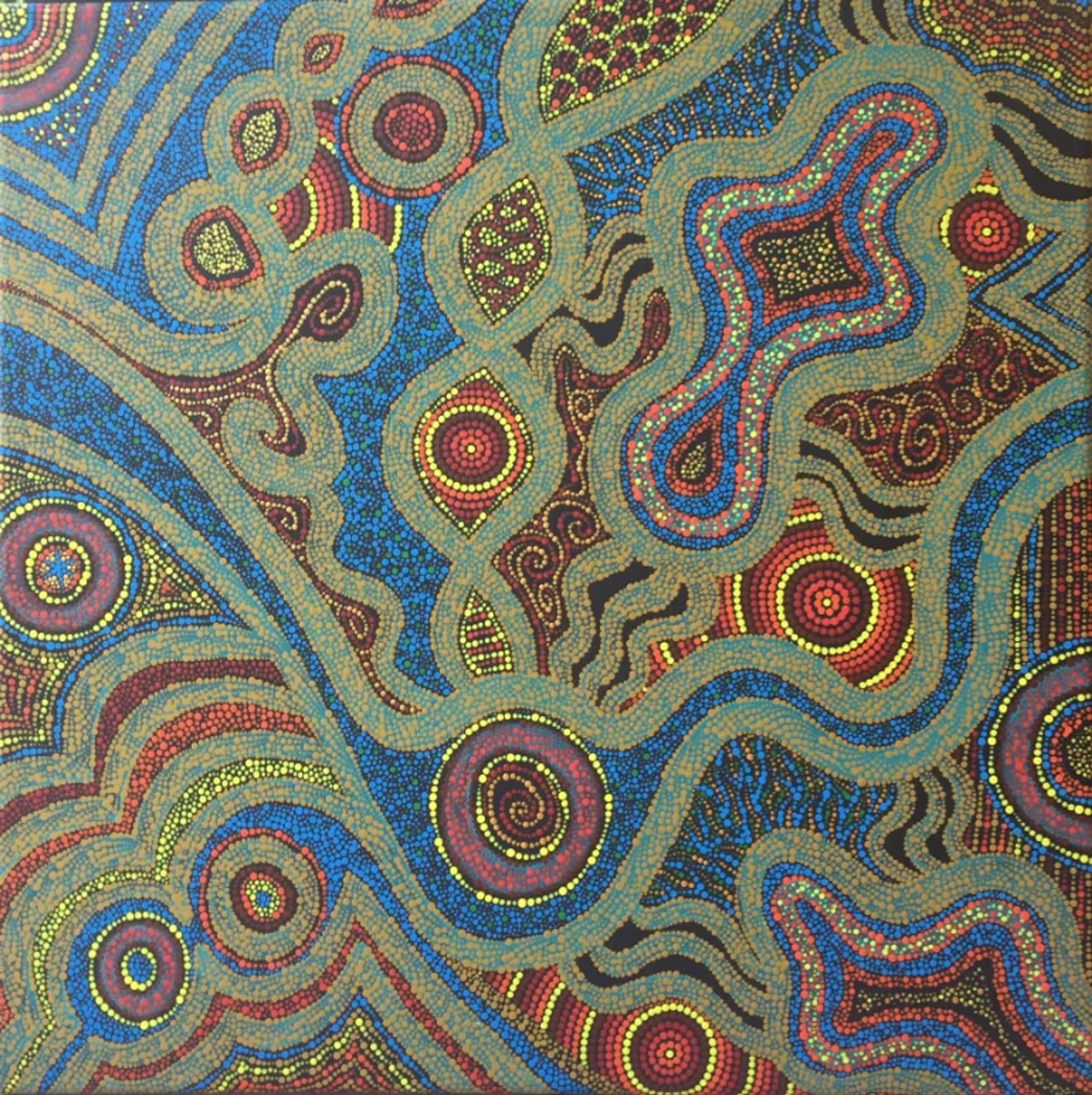 Art aborigène contemporain par Caroline Pons, Toile #208. Motifs de points complexes bleus, rouges, jaunes et ocre en spirales et ondes.