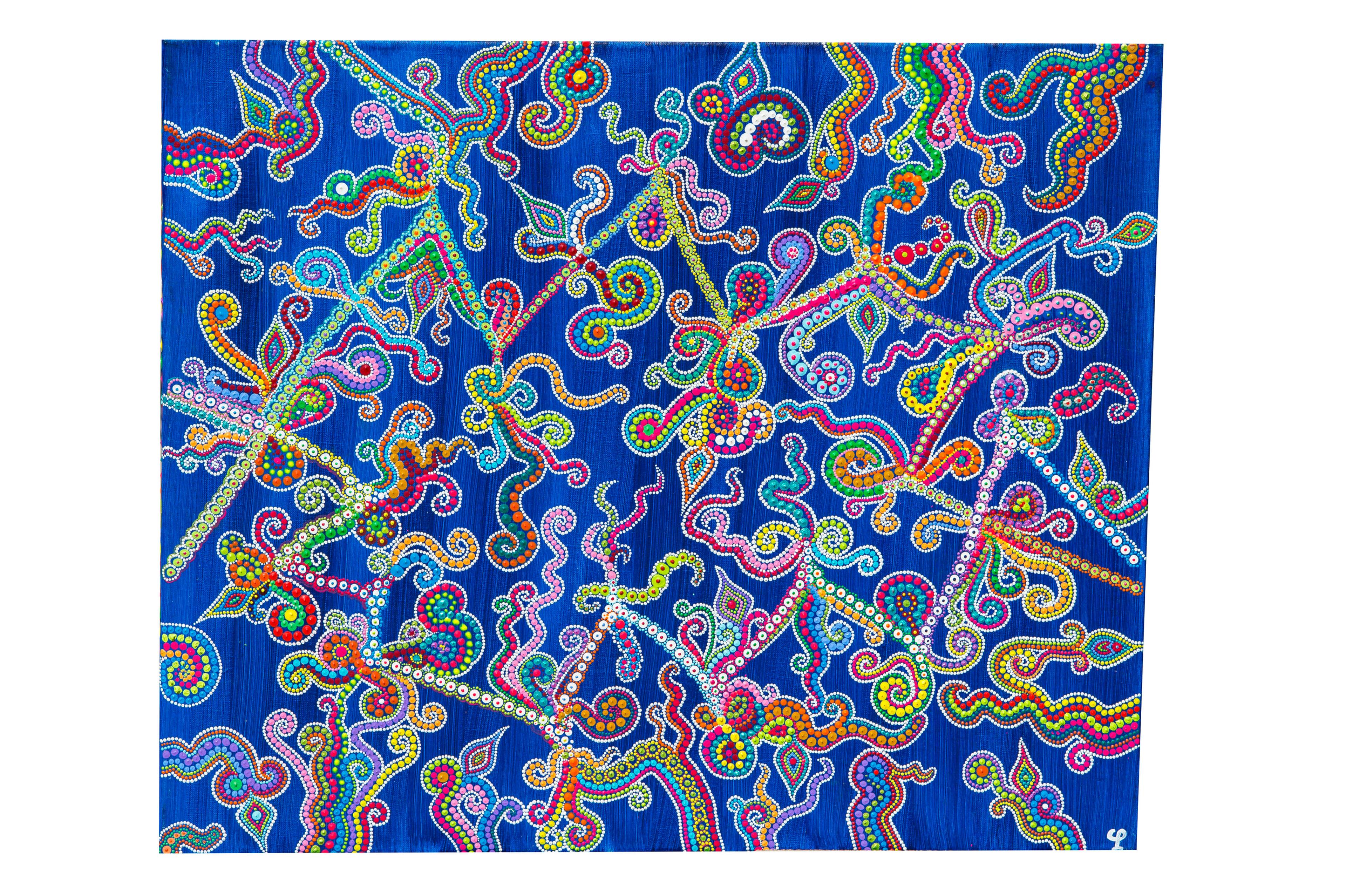 Caroline Pons présente 'Worms', un tableau abstrait contemporain. Sur fond bleu profond, des formes organiques et tourbillonnantes sont créées par des points multicolores vifs, offrant une ambiance joyeuse et détaillée.