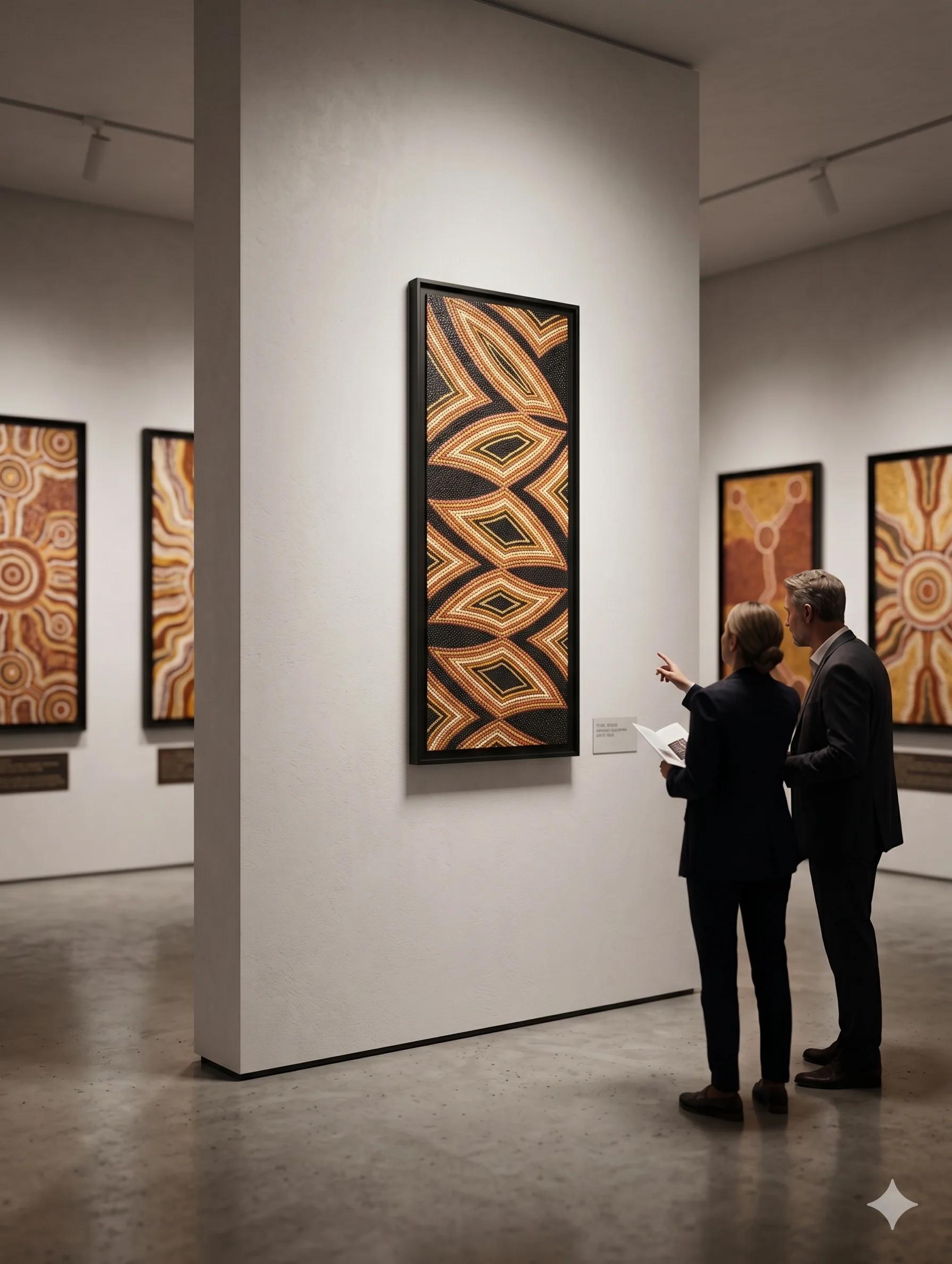"La Danse des Formes" de Caroline Pons, un tableau abstrait contemporain. L'œuvre en pointillisme, aux motifs géométriques noirs, bruns et beiges, est exposée dans un musée moderne.