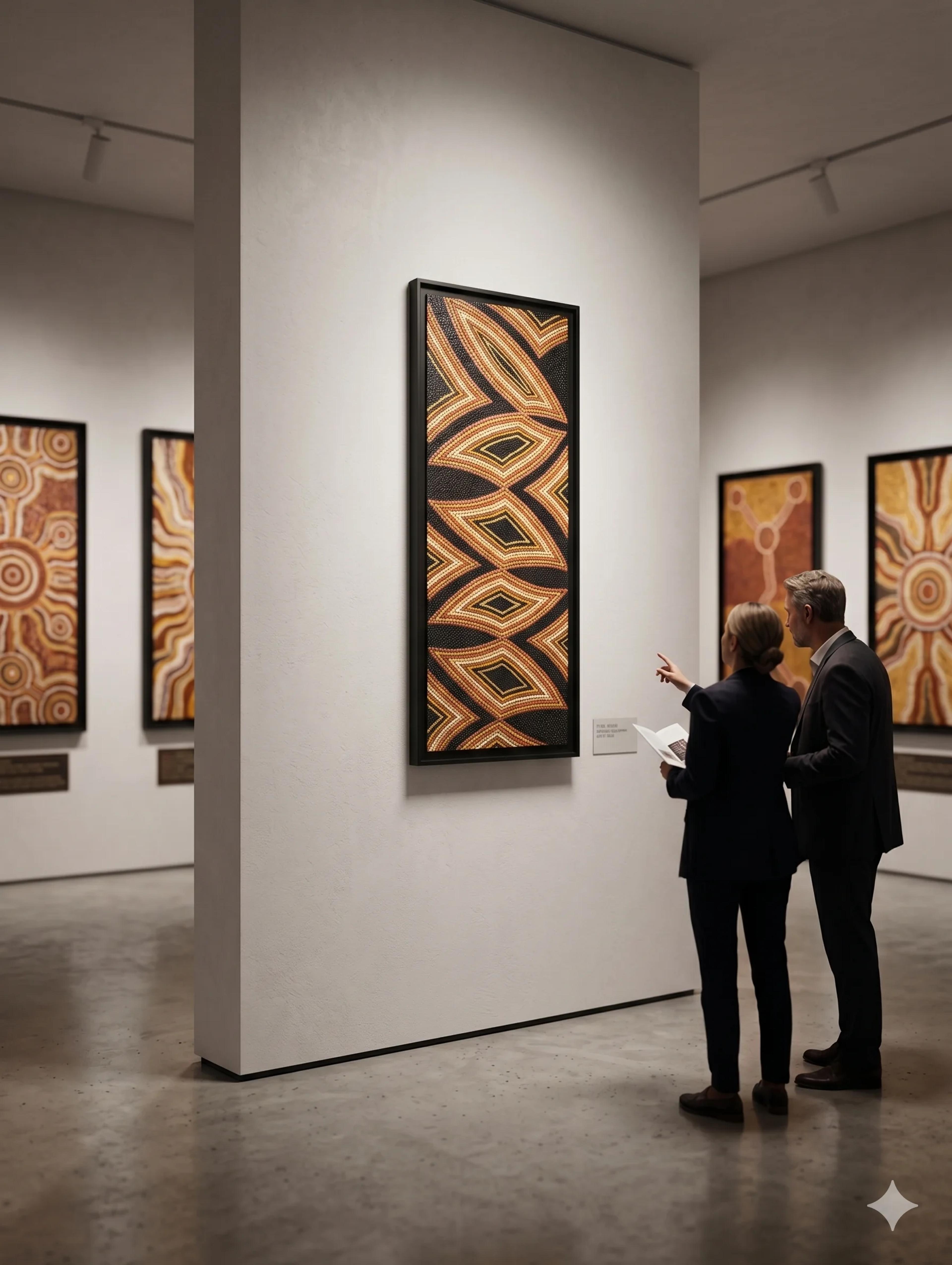 "La Danse des Formes" de Caroline Pons, un tableau abstrait contemporain. L'œuvre en pointillisme, aux motifs géométriques noirs, bruns et beiges, est exposée dans un musée moderne.