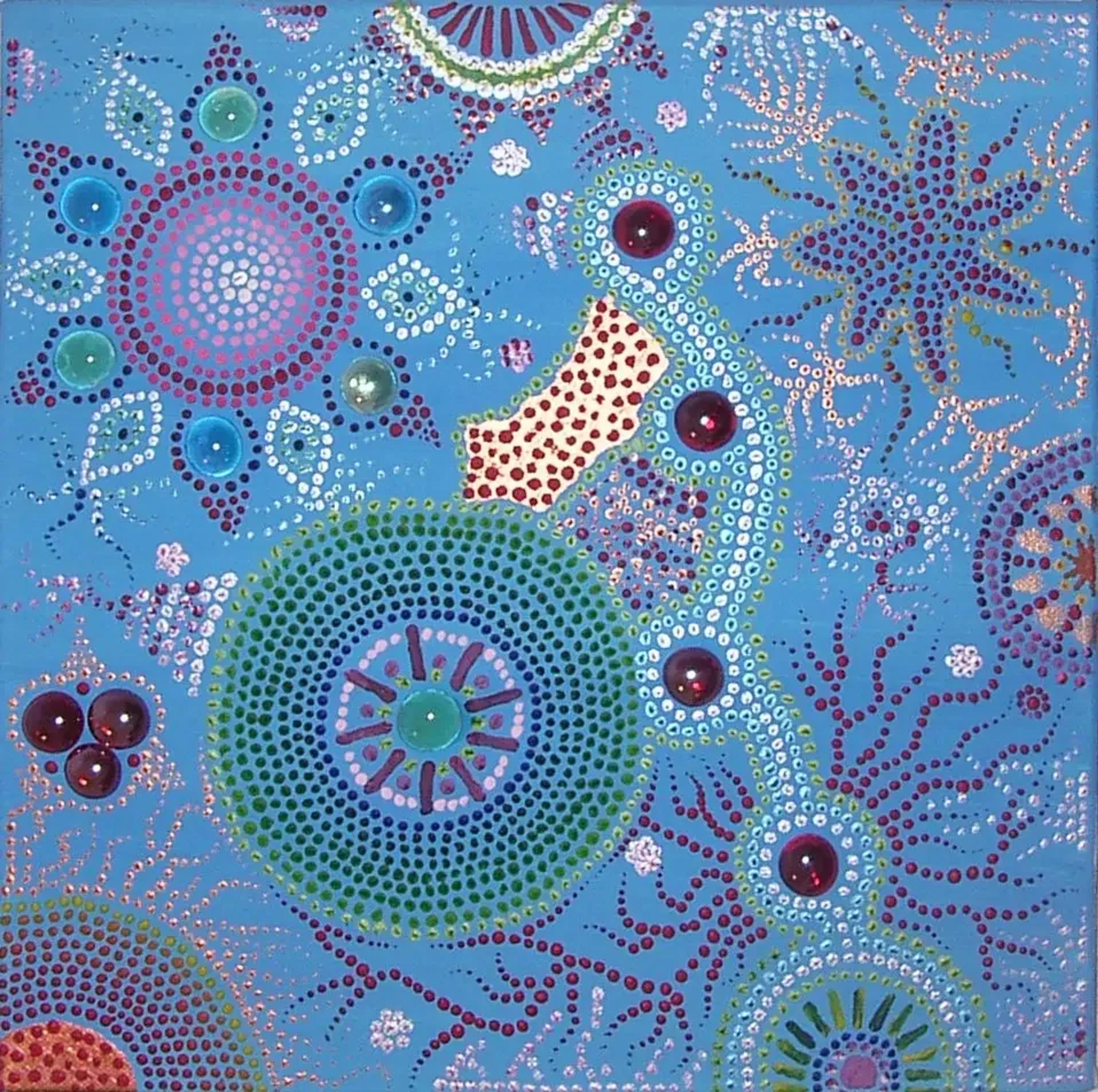 « Rêve bleu » de Caroline Pons, un tableau abstrait contemporain vibrant. Dot art de cercles et motifs organiques bleus, verts, roses, rouges et blancs, créant une ambiance onirique et texturée.