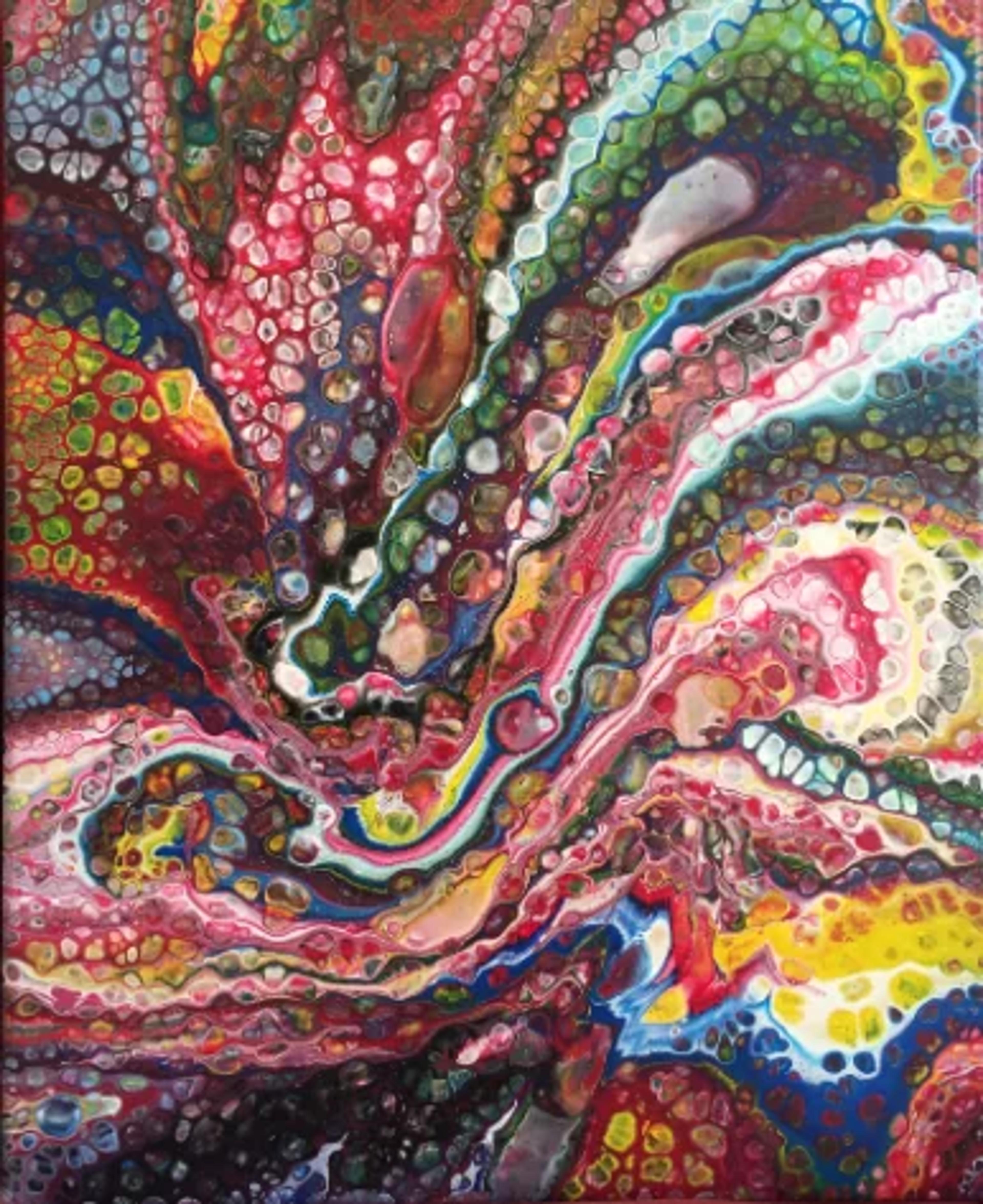 Caroline Pons présente 'Acrylic pouring Chris couleurs primaires'. Un tableau abstrait contemporain explosif aux formes organiques, points vibrants et coulées colorées (rouge, bleu, vert, jaune, noir, blanc).