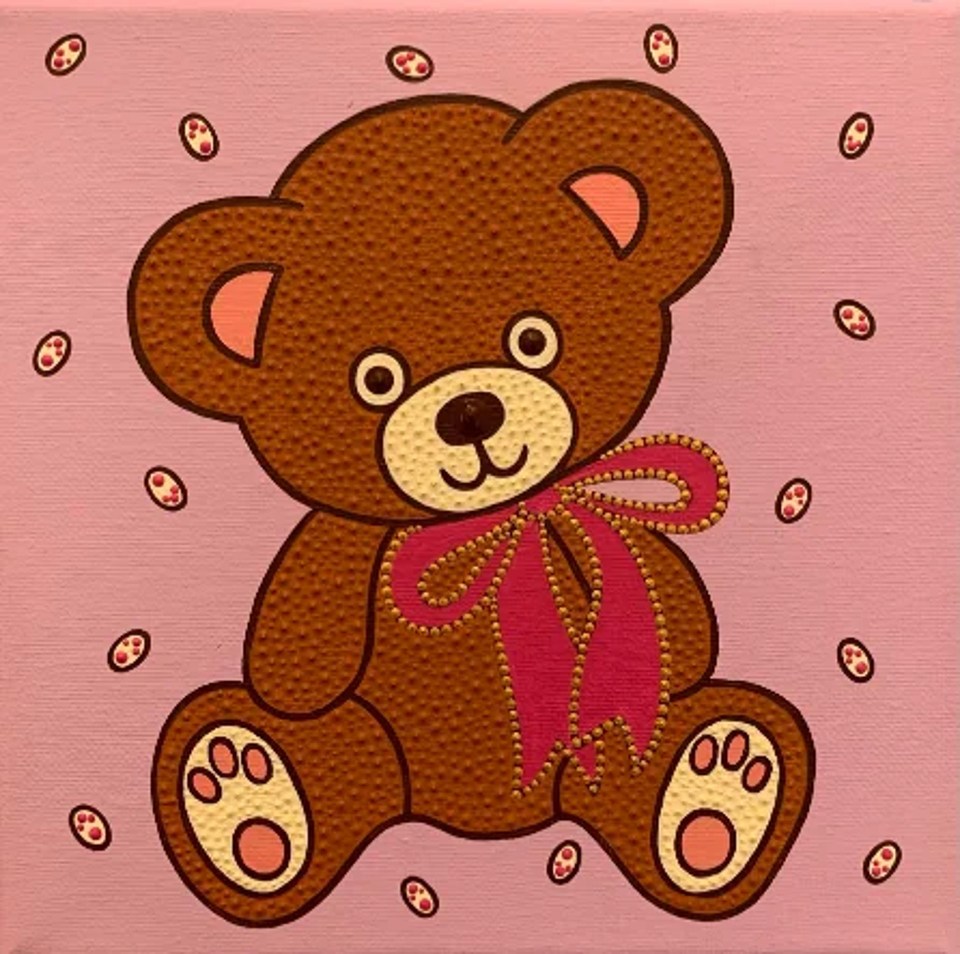 Nounours, peinture moderne de Caroline Pons : Ours en peluche marron au ruban rose, créé en dot art sur fond rose pâle avec des motifs ovales. Une toile acrylique ludique.