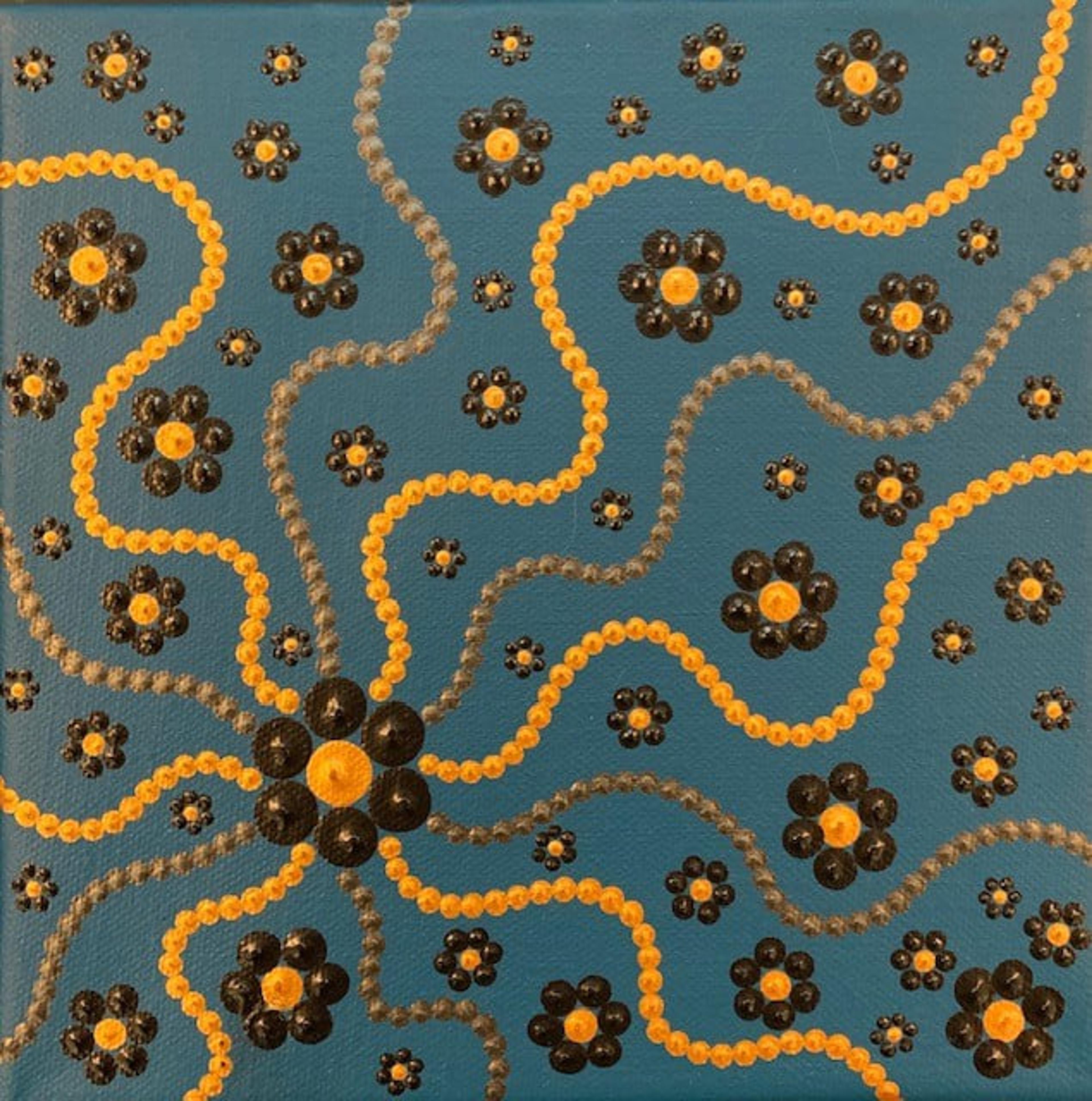 « Sans titre — Toile #344 », tableau abstrait contemporain de Caroline Pons. Fond bleu sarcelle avec motifs floraux noirs et or, et lignes ondulées de points gris et jaunes.