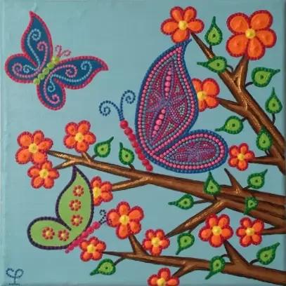Tableau abstrait contemporain de Caroline Pons: papillons vibrants bleus, roses, verts et fleurs oranges en pointillisme détaillé sur branches marron, fond bleu clair. Ambiance joyeuse.