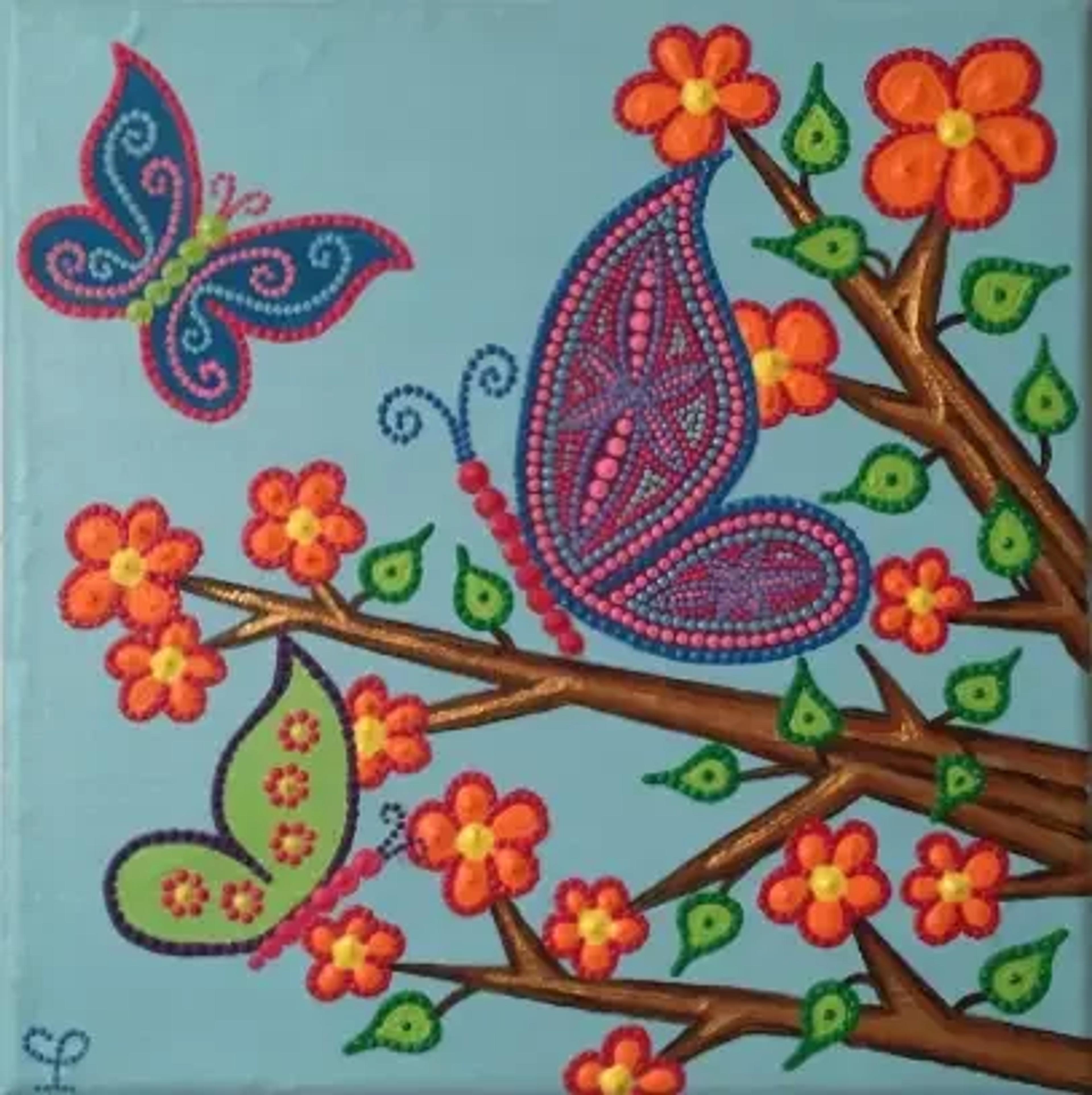 Tableau abstrait contemporain de Caroline Pons: papillons vibrants bleus, roses, verts et fleurs oranges en pointillisme détaillé sur branches marron, fond bleu clair. Ambiance joyeuse.