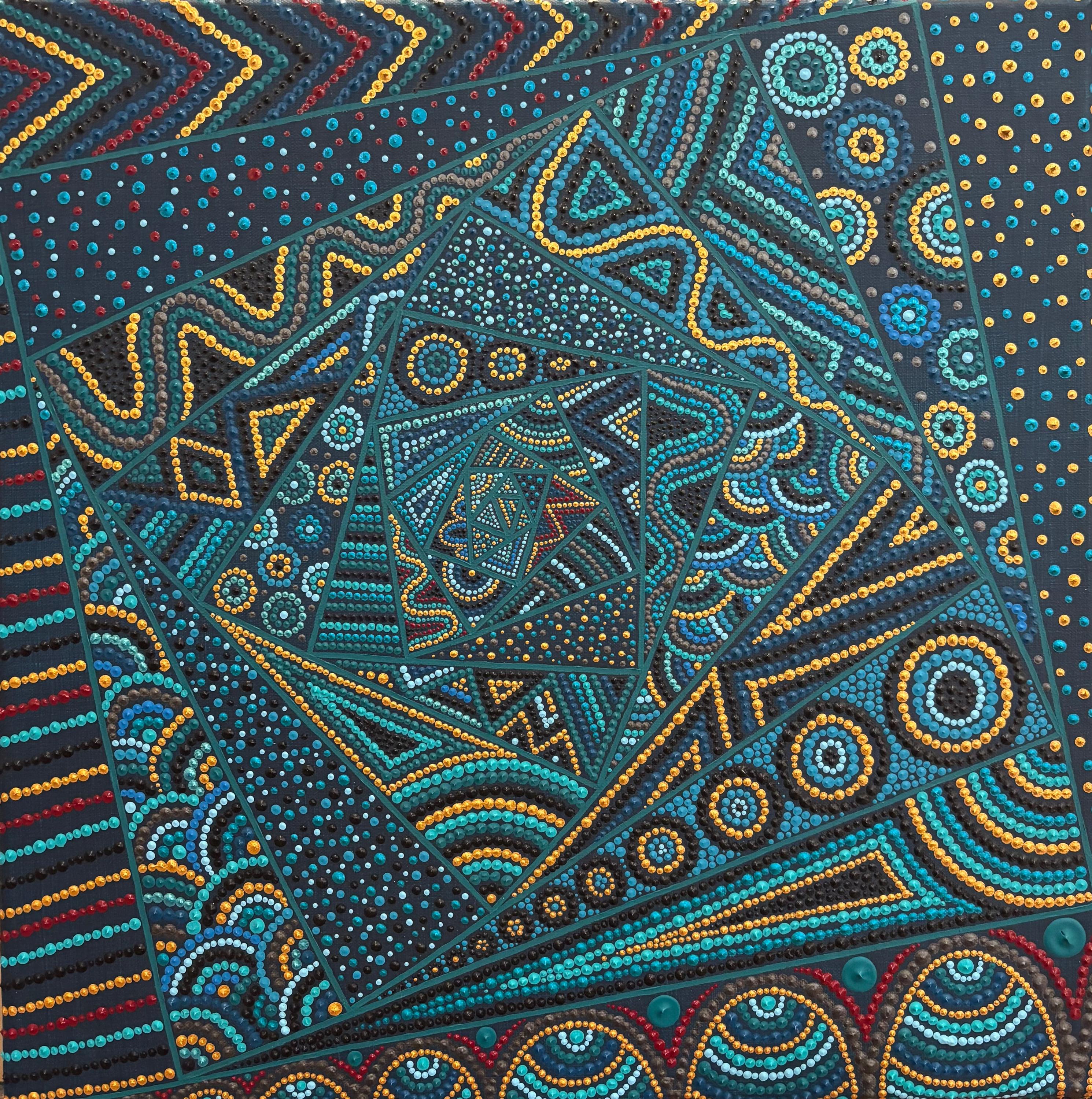 « Spirale intérieure », tableau abstrait contemporain de Caroline Pons. Œuvre pointilliste texturée, motifs géométriques vibrants bleus, or, turquoise et rouges sur fond sombre.