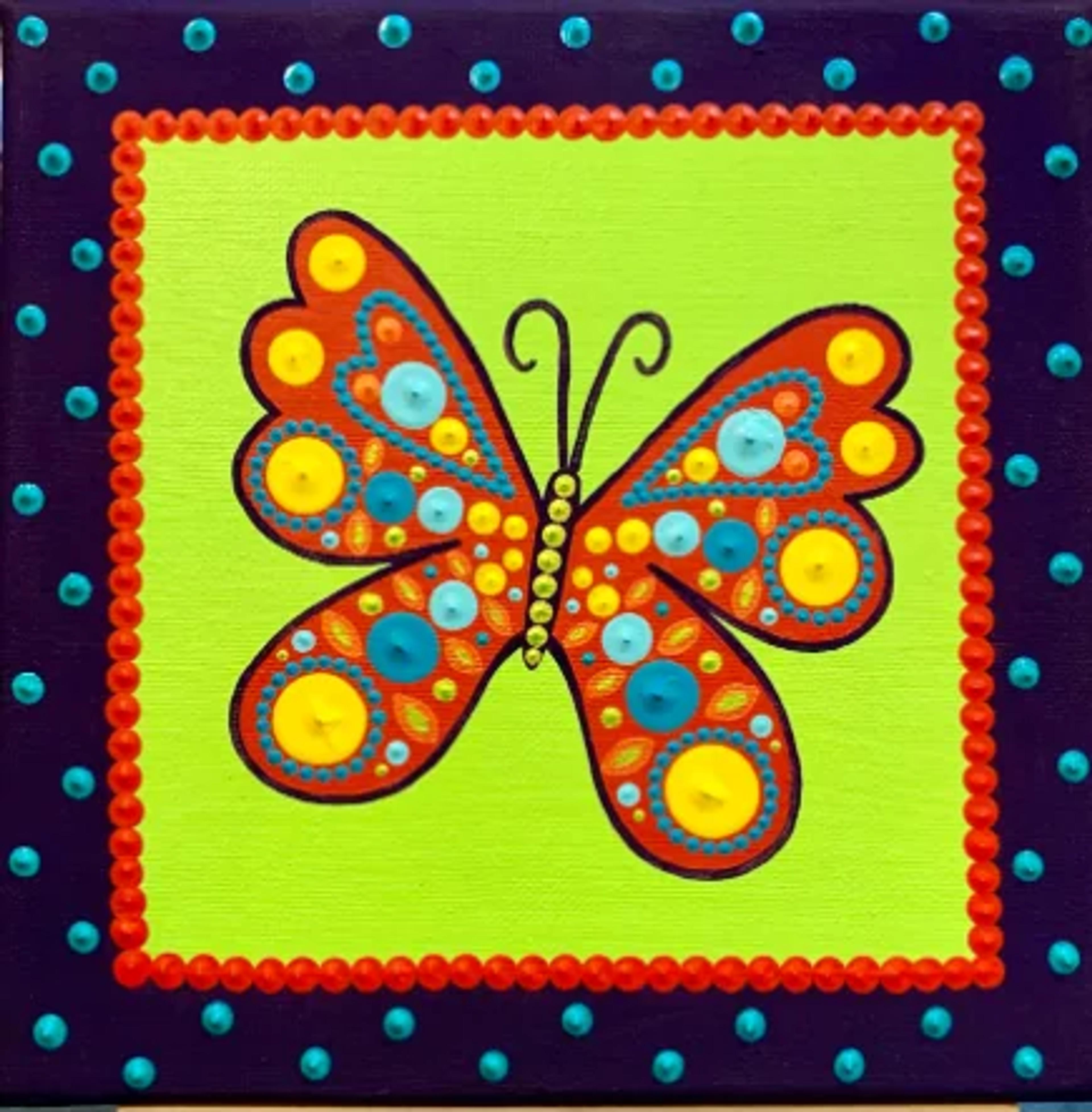 Toile acrylique "Papillon" de Caroline Pons. Papillon orange vif aux motifs de points jaunes, turquoises sur fond vert lime. Cadre pourpre pointillé de rouge et bleu.