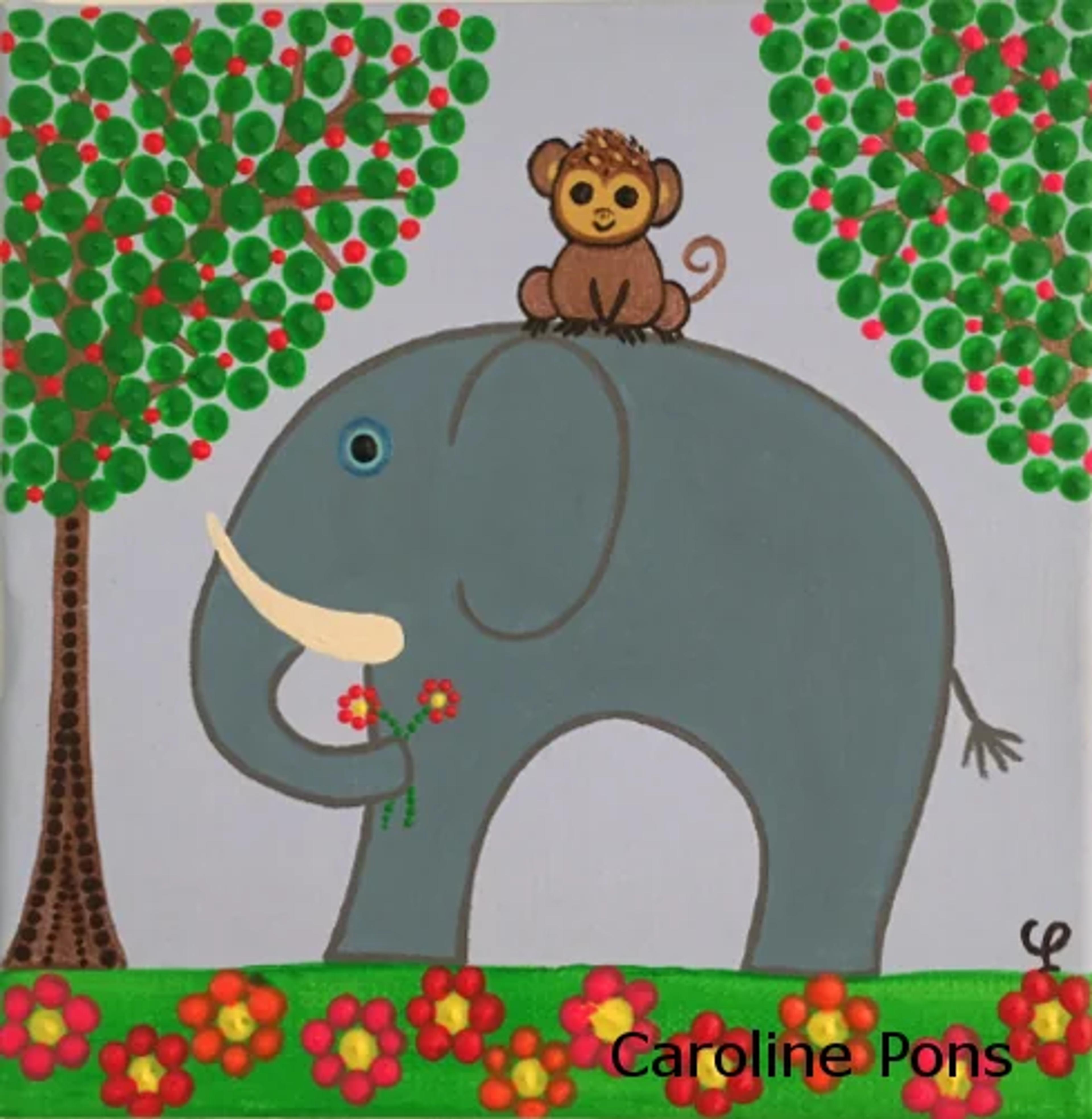 Éléphant gris, singe marron et arbres verts en dot art. Ambiance joyeuse, fleurs rouges à points. Caroline Pons signe un tableau abstrait contemporain plein de charme.