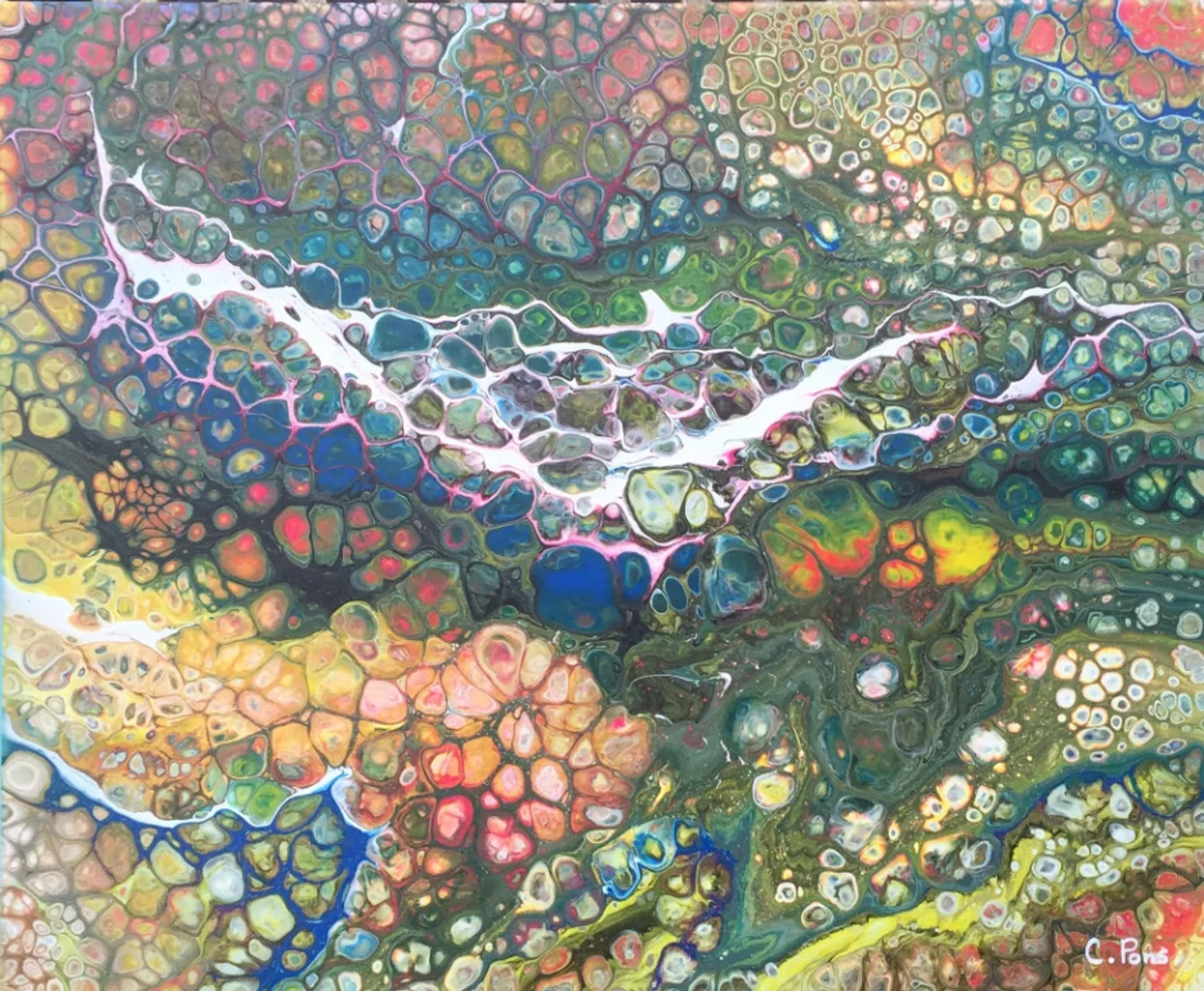 Tableau abstrait contemporain de Caroline Pons, aux cellules organiques vibrantes en bleu, vert, rouge et jaune, traversé de lignes blanches fluides.