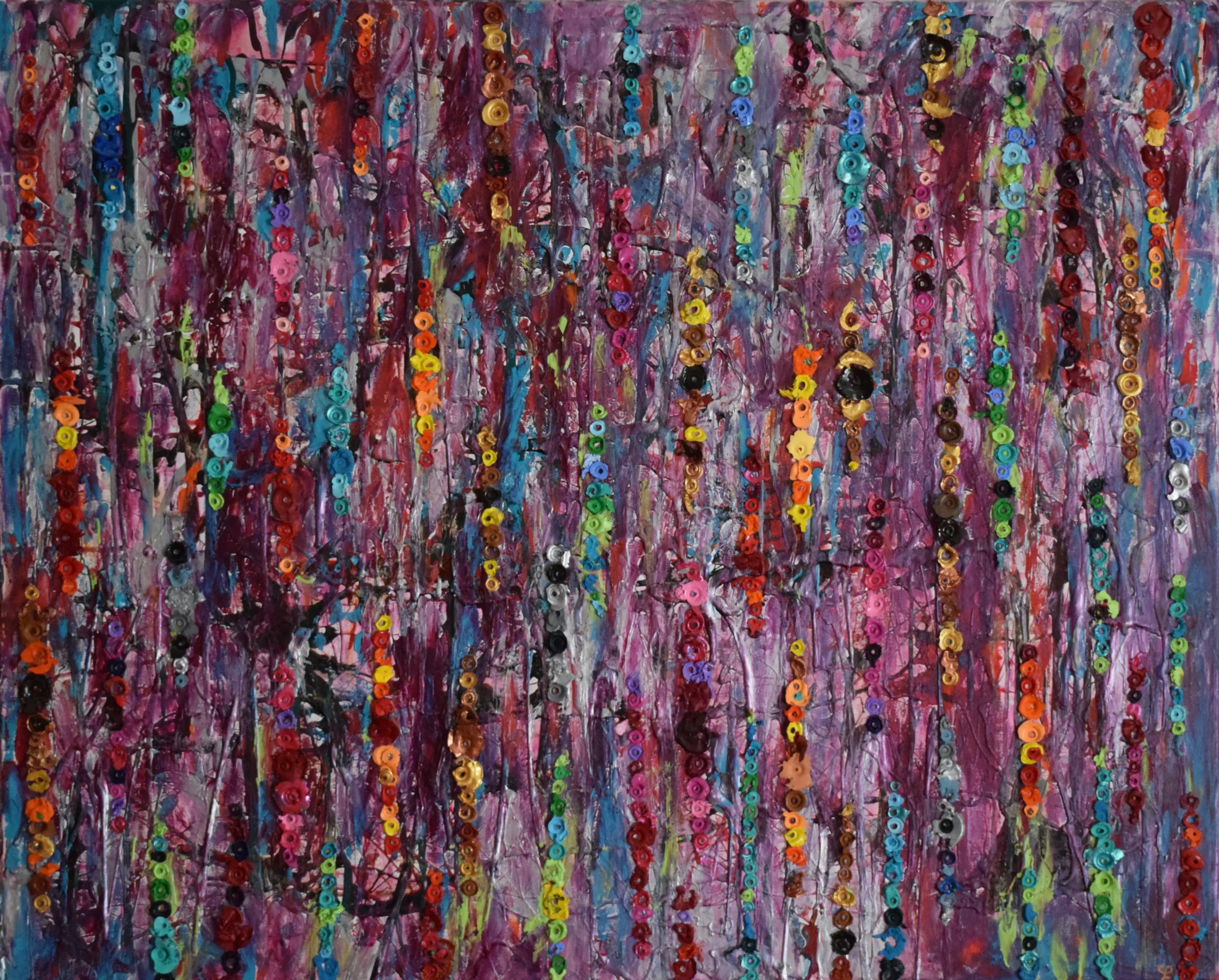 Tableau abstrait contemporain de Caroline Pons. Œuvre colorée et texturée avec des cascades de points multicolores (rouge, bleu, vert, violet) sur un fond nuancé de rose et mauve, créant une ambiance vibrante.