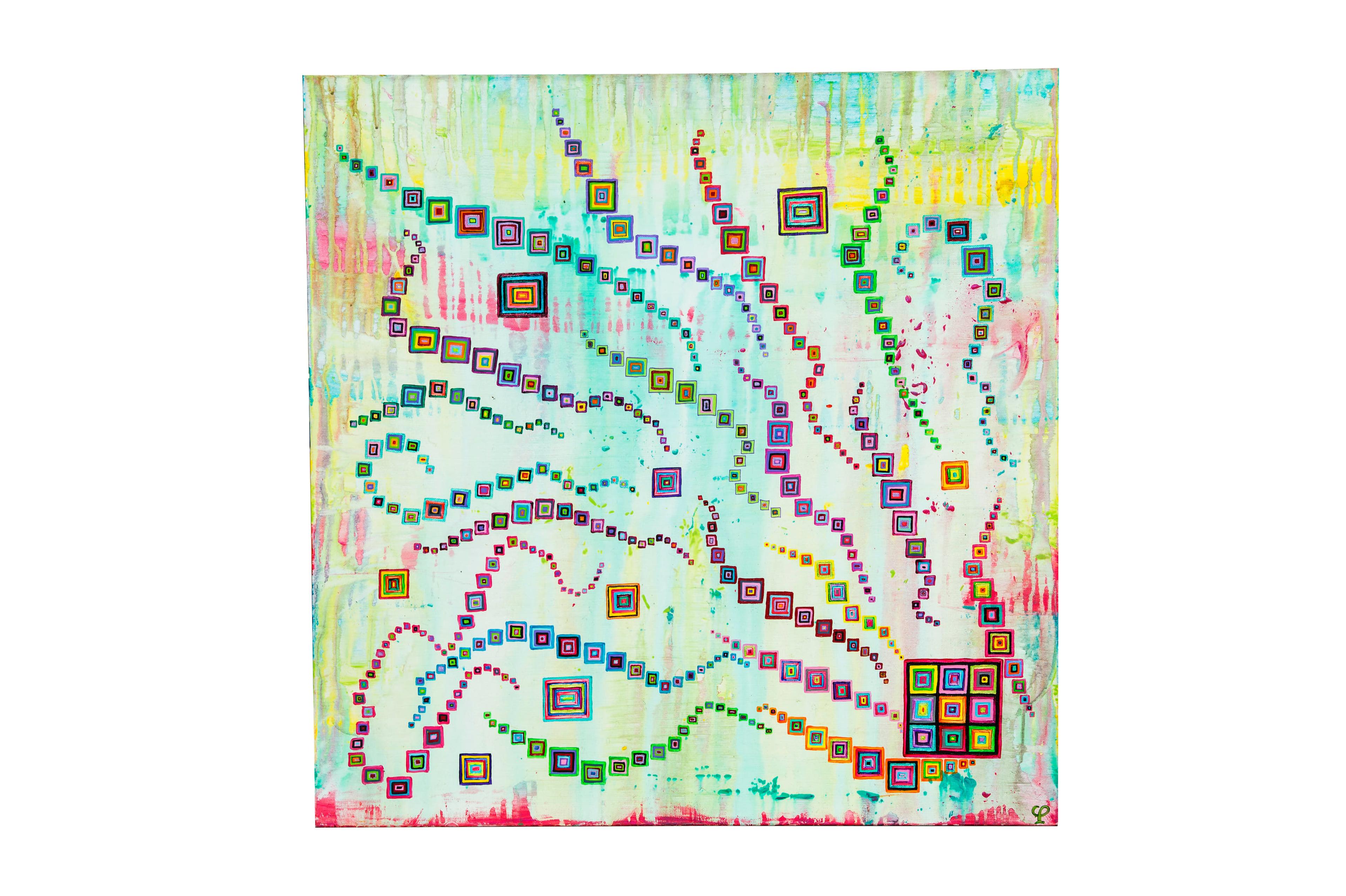 Tableau abstrait contemporain "Pixels en fête" de Caroline Pons, vibrant de carrés colorés imbriqués en dot art sur fond clair. Une œuvre dynamique et joyeuse.