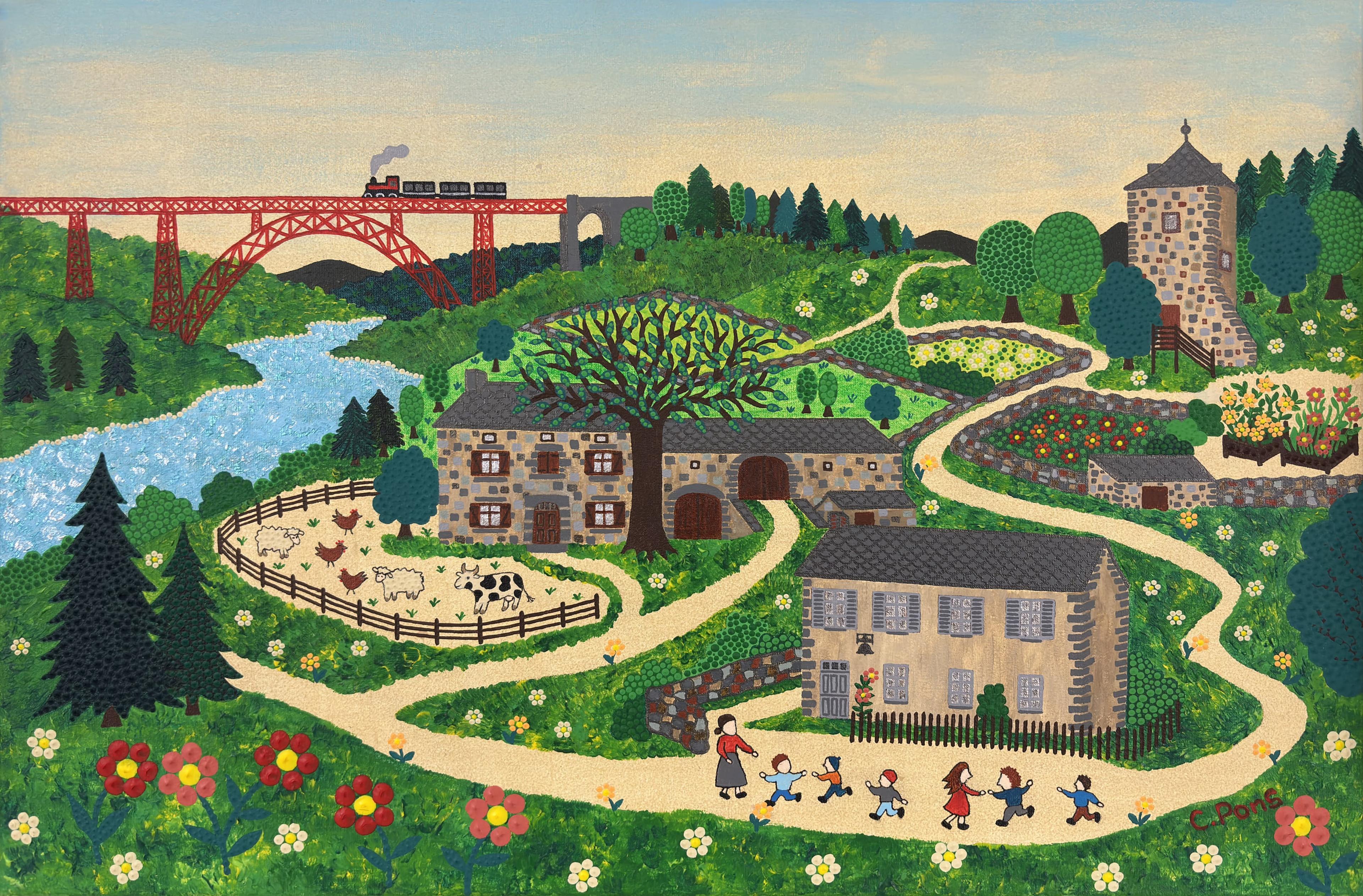 Conte-moi l'écomusée" par Caroline Pons. Œuvre originale pointilliste: écomusée rural vibrant, train sur viaduc rouge, rivière, ferme et enfants. Couleurs vives, texture riche.