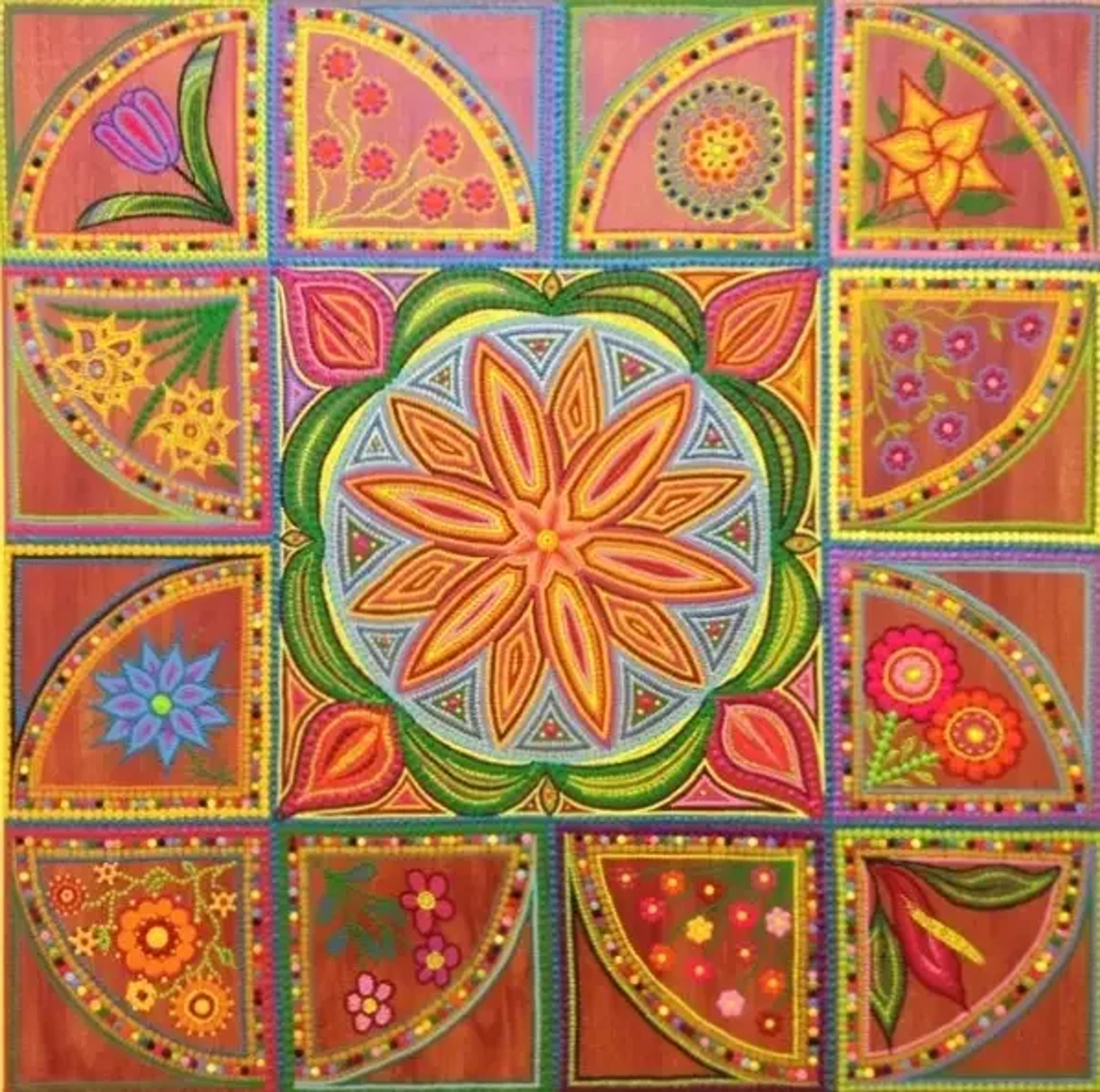 Aline, Contemporary aboriginal-style art by Caroline Pons. Vibrant dot art painting, intricate floral and geometric patterns in pink, orange, green, blue hues, detailed and rich.