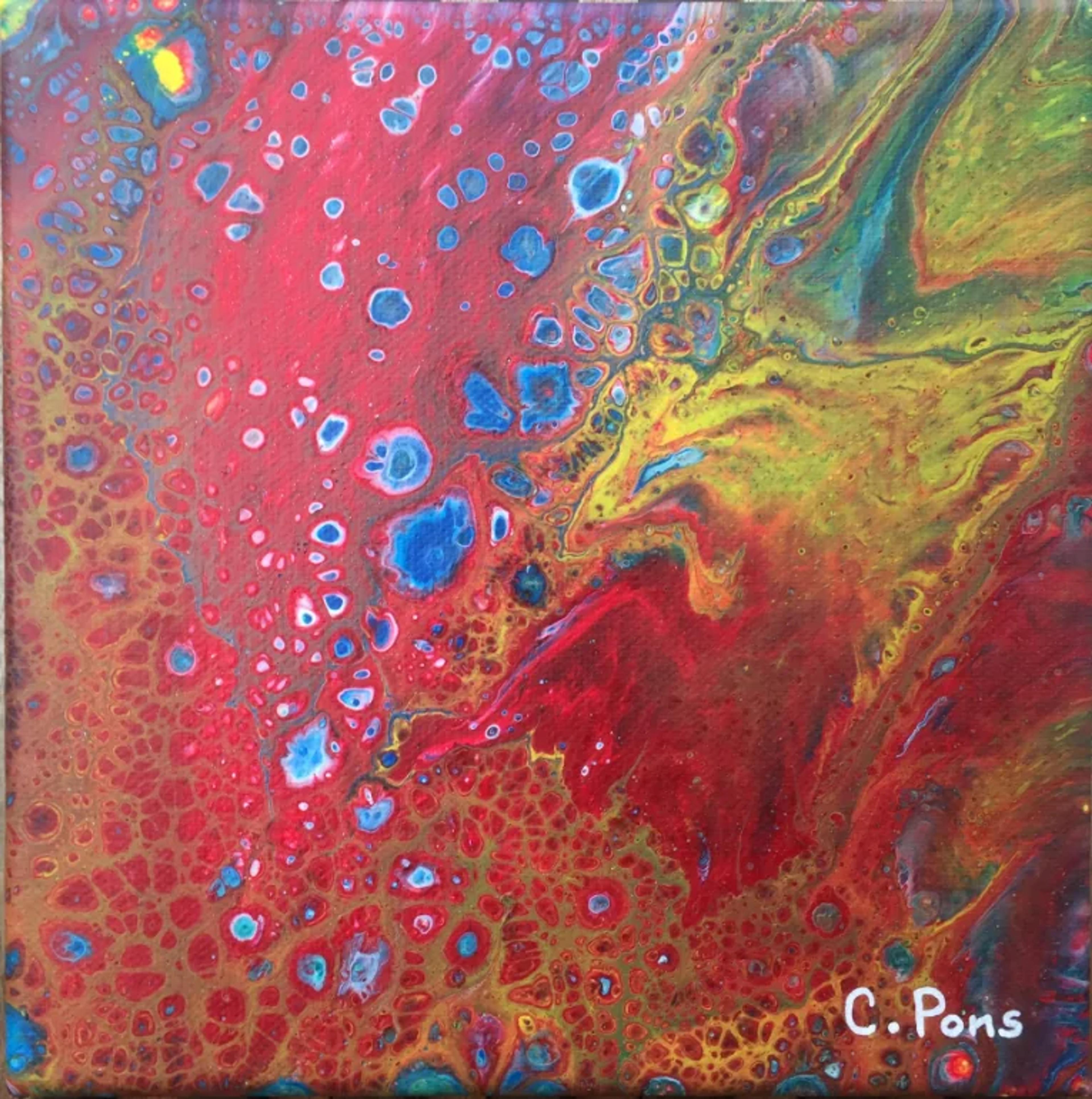 Tableau abstrait contemporain de Caroline Pons, "Acrylic pouring rouge jaune bleu". Composition dynamique aux coulées fluides, cellules rouges, jaunes et bleues intenses.