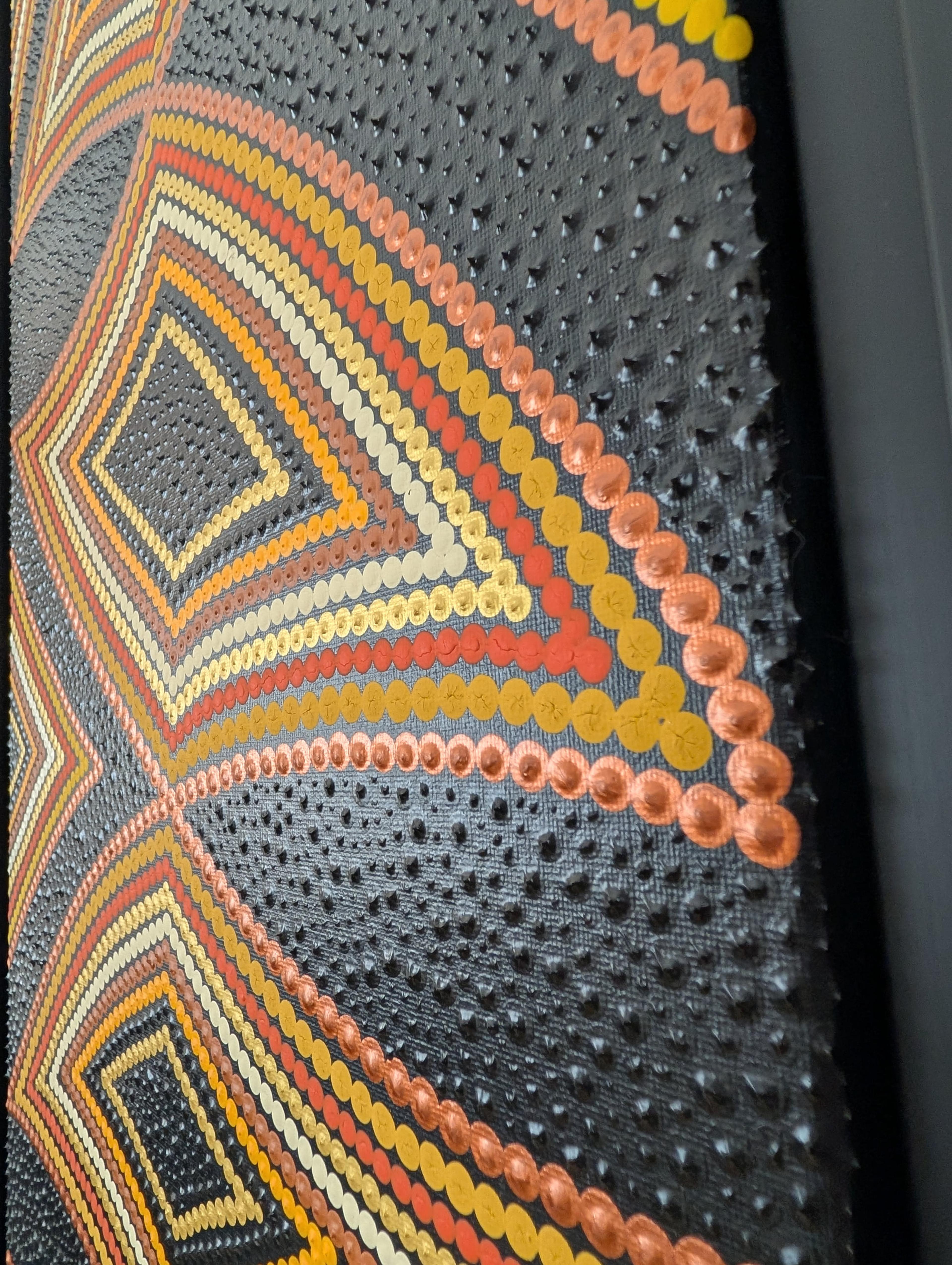 Détail de "La Danse des Formes", Caroline Pons. Art aborigène contemporain, points orange, jaune, crème formant des motifs sur fond texturé sombre.
