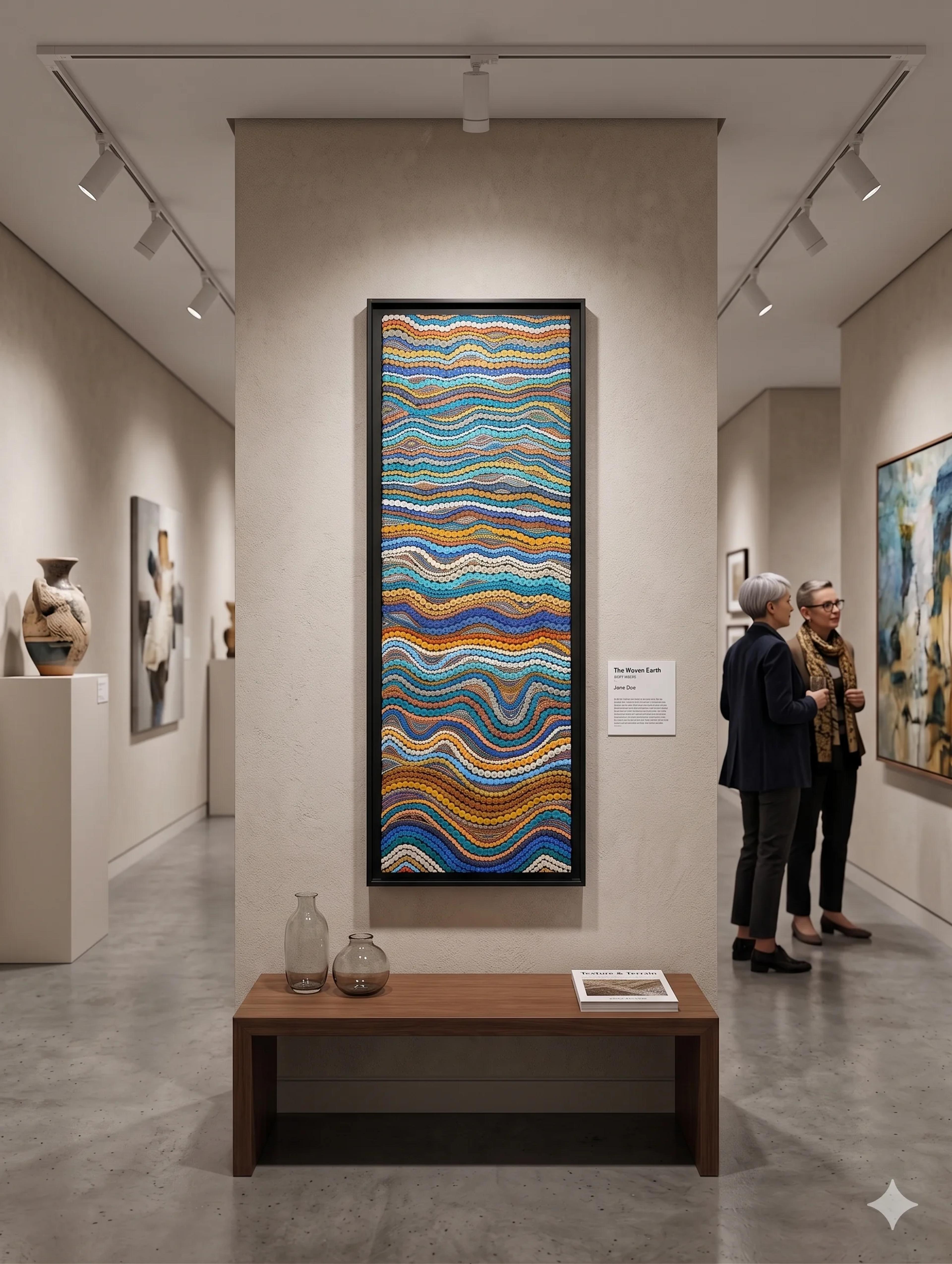Tableau abstrait contemporain "Courants précieux" de Caroline Pons, avec des motifs ondulants de points bleus, oranges et blancs, exposé en galerie avec des visiteurs.