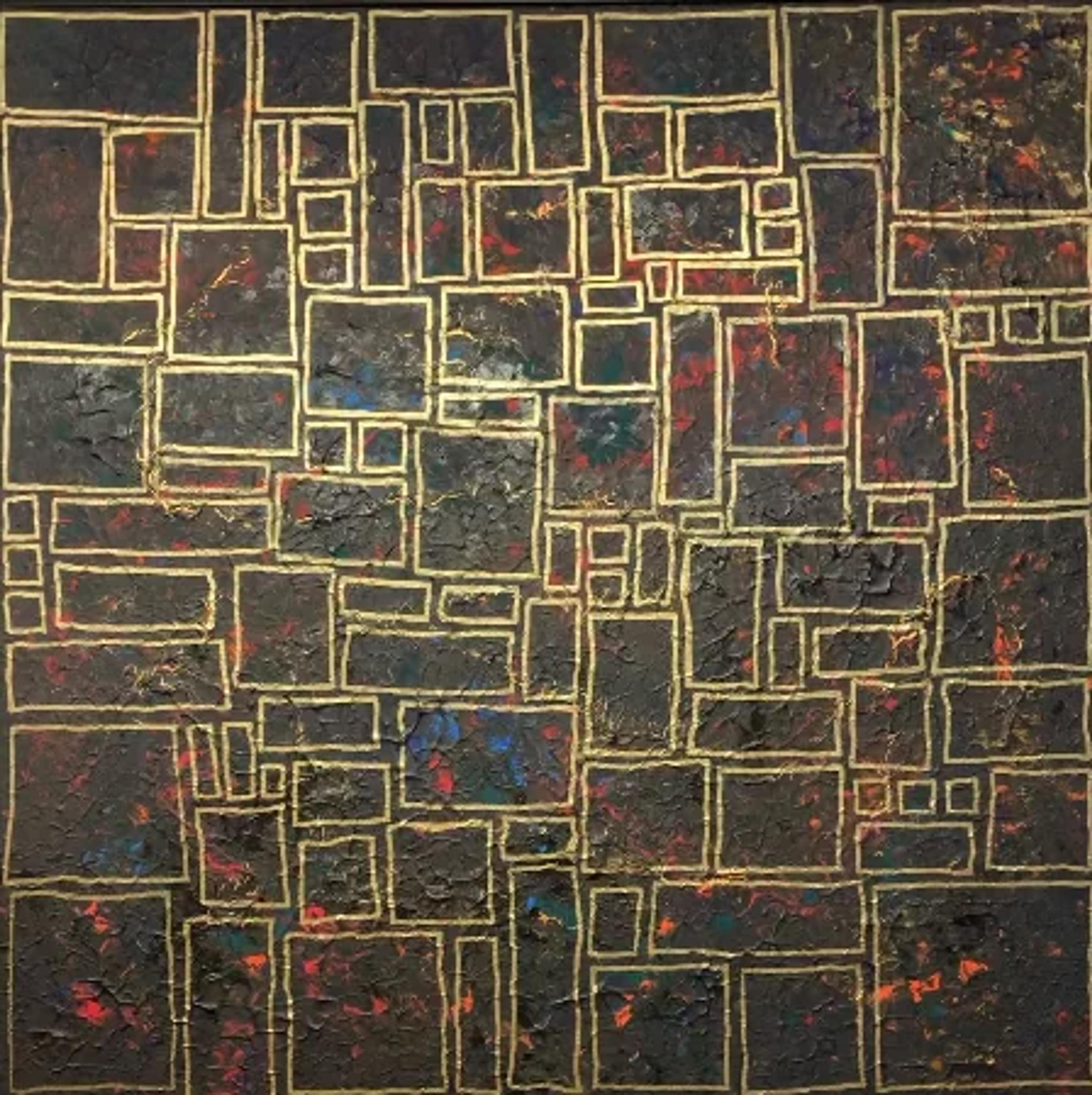 "La ville enfouie" by Caroline Pons, a contemporary fine art piece. Dark, textured canvas features golden rectangular shapes and hints of red, blue, green, evoking a mysterious buried city.