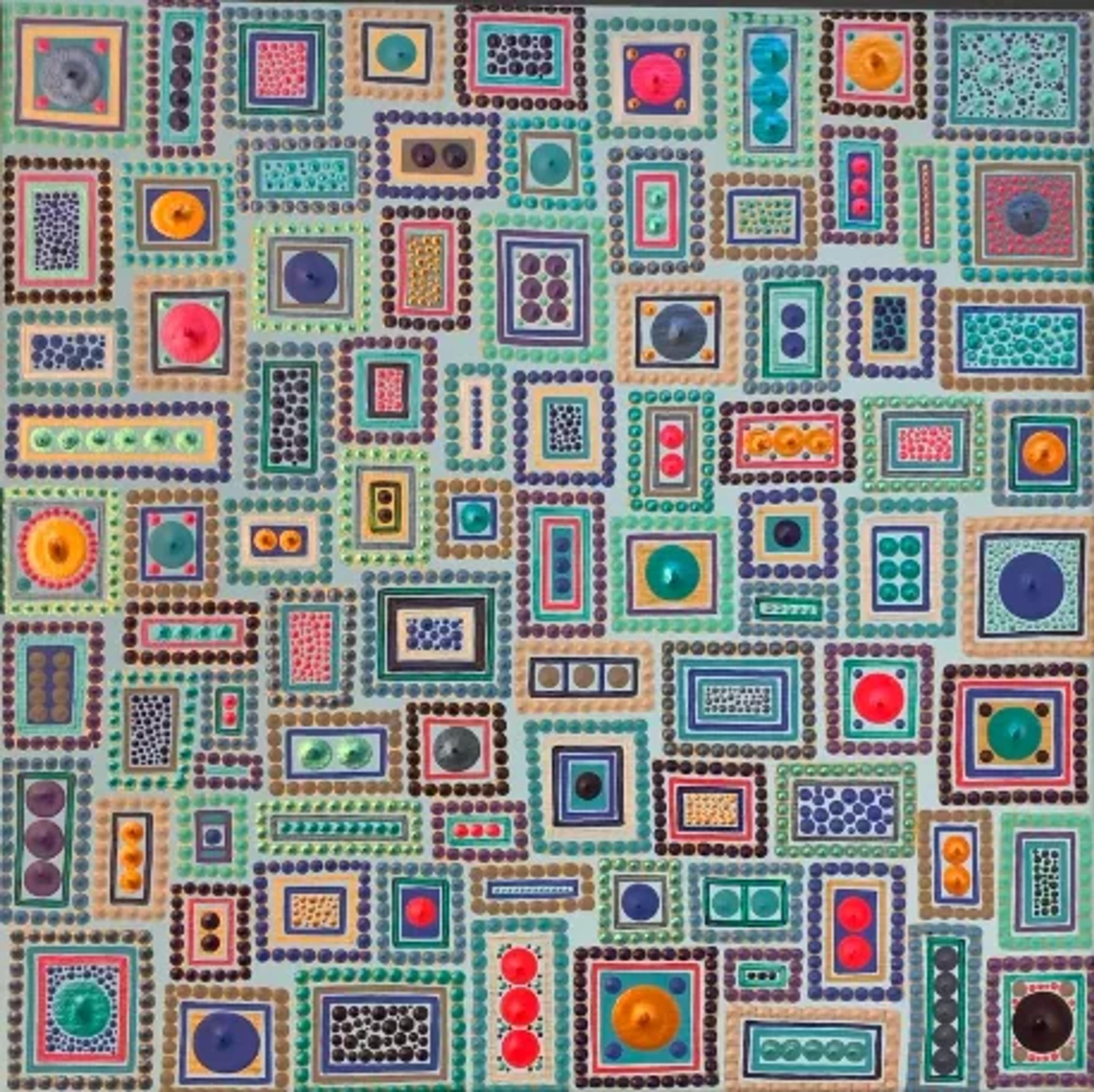 Tableau abstrait contemporain de Caroline Pons. Mosaïque vibrante de motifs géométriques pointillistes, encadrés de points multicolores (bleu, vert, rose, orange).