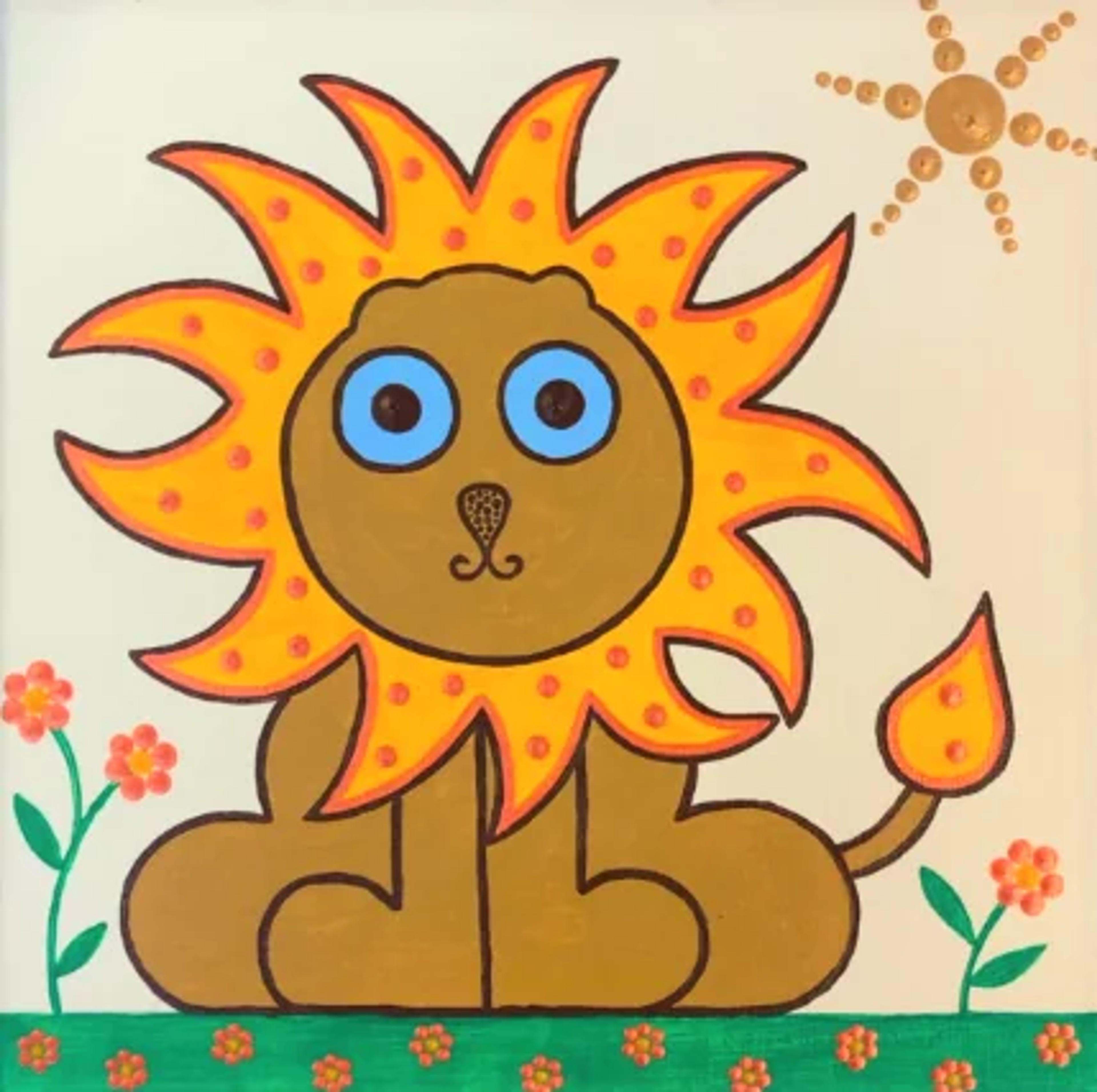 Caroline Pons présente une Toile acrylique colorée : un lion stylisé marron à crinière orange-jaune parsemée de points, grands yeux bleus, sous un soleil pointilliste.