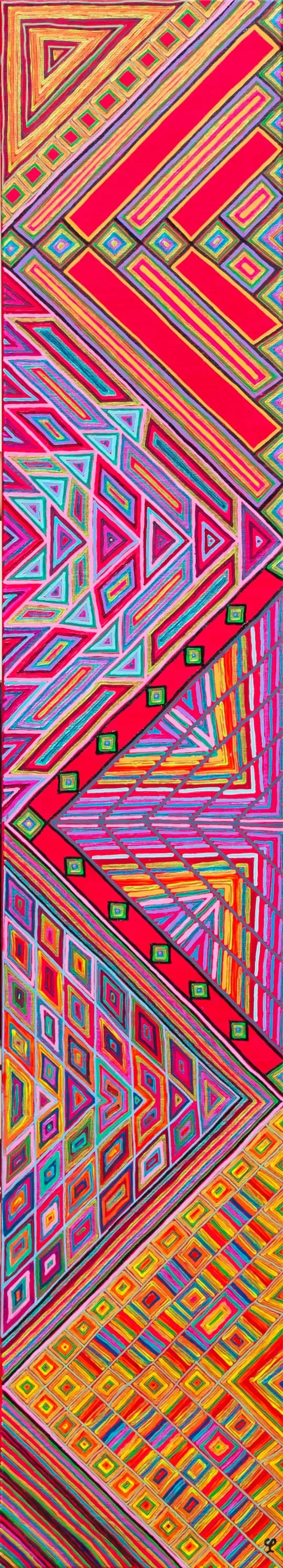 "Zig zag" de Caroline Pons, un tableau abstrait contemporain aux motifs géométriques vibrants. Couleurs vives et variées, technique de pointillisme créant des lignes et formes dynamiques. Ambiance énergétique et moderne.