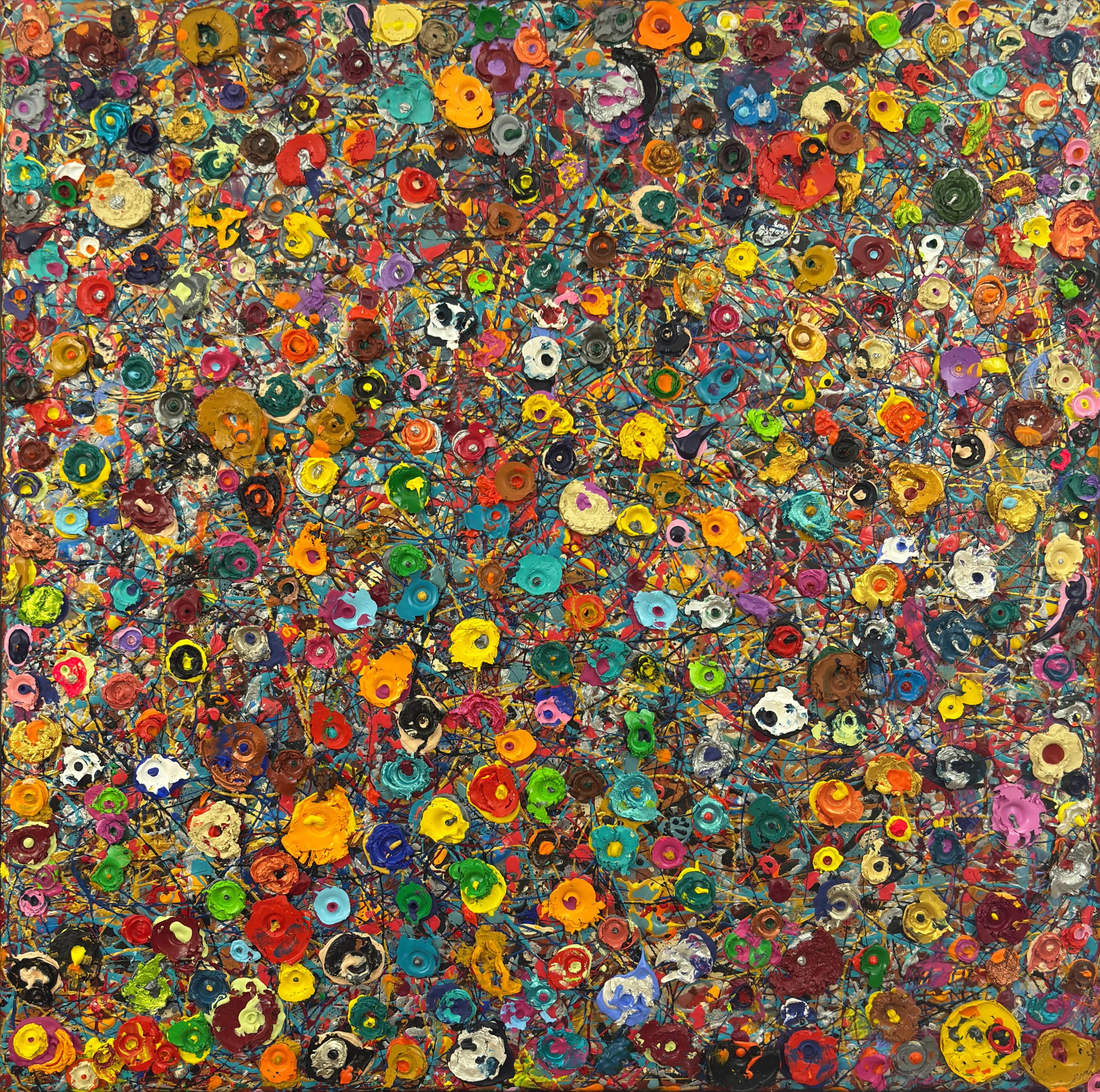 Jardin en liberté, Tableau abstrait contemporain de Caroline Pons. Toile vibrante en vue directe, riche en points épais et multicolores créant une texture dynamique.