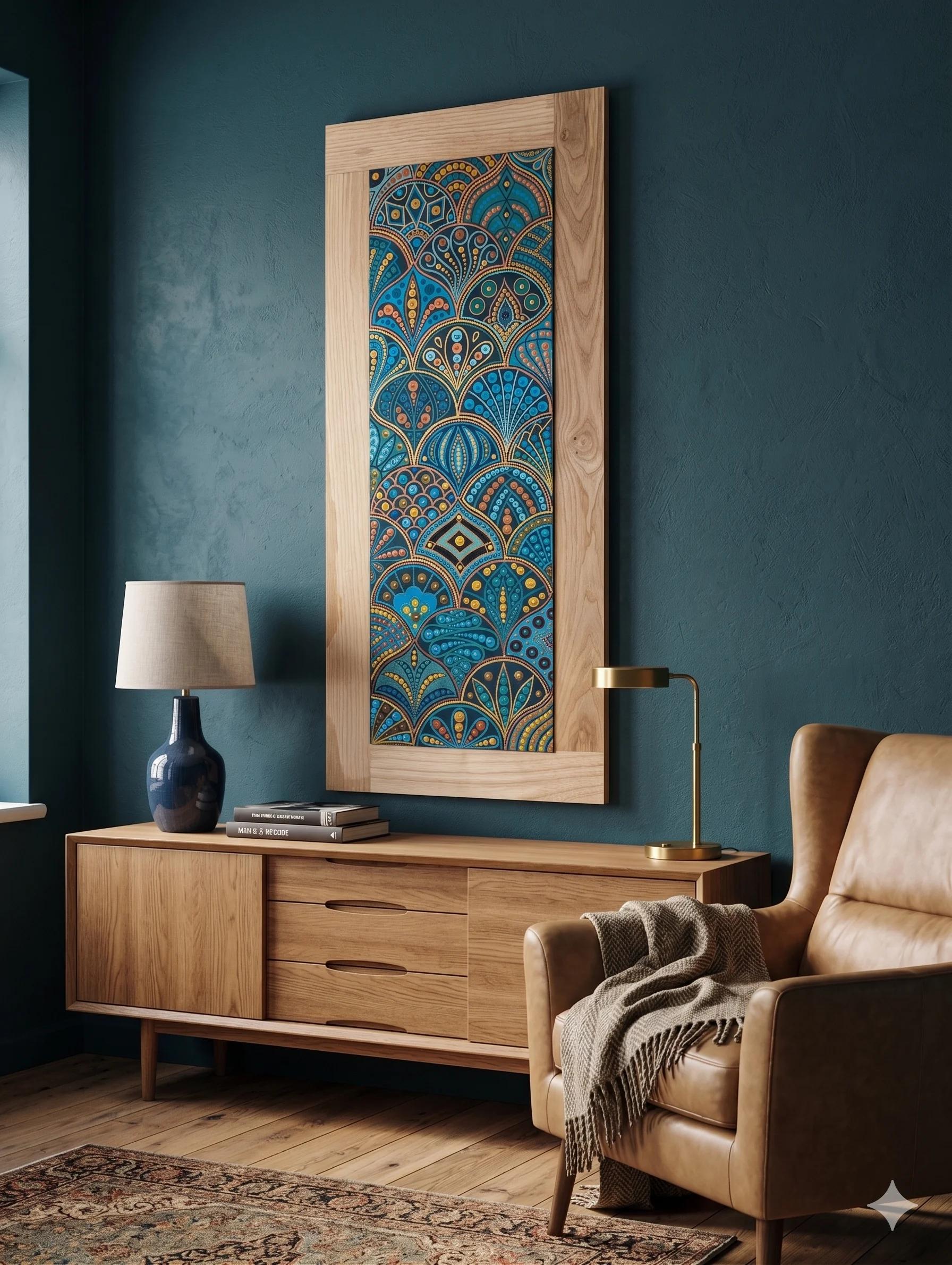 Caroline Pons, Tableau abstrait contemporain "Toile #462". Motif complexe de points bleus, or et orange, encadré bois, sur mur bleu canard dans un salon moderne.