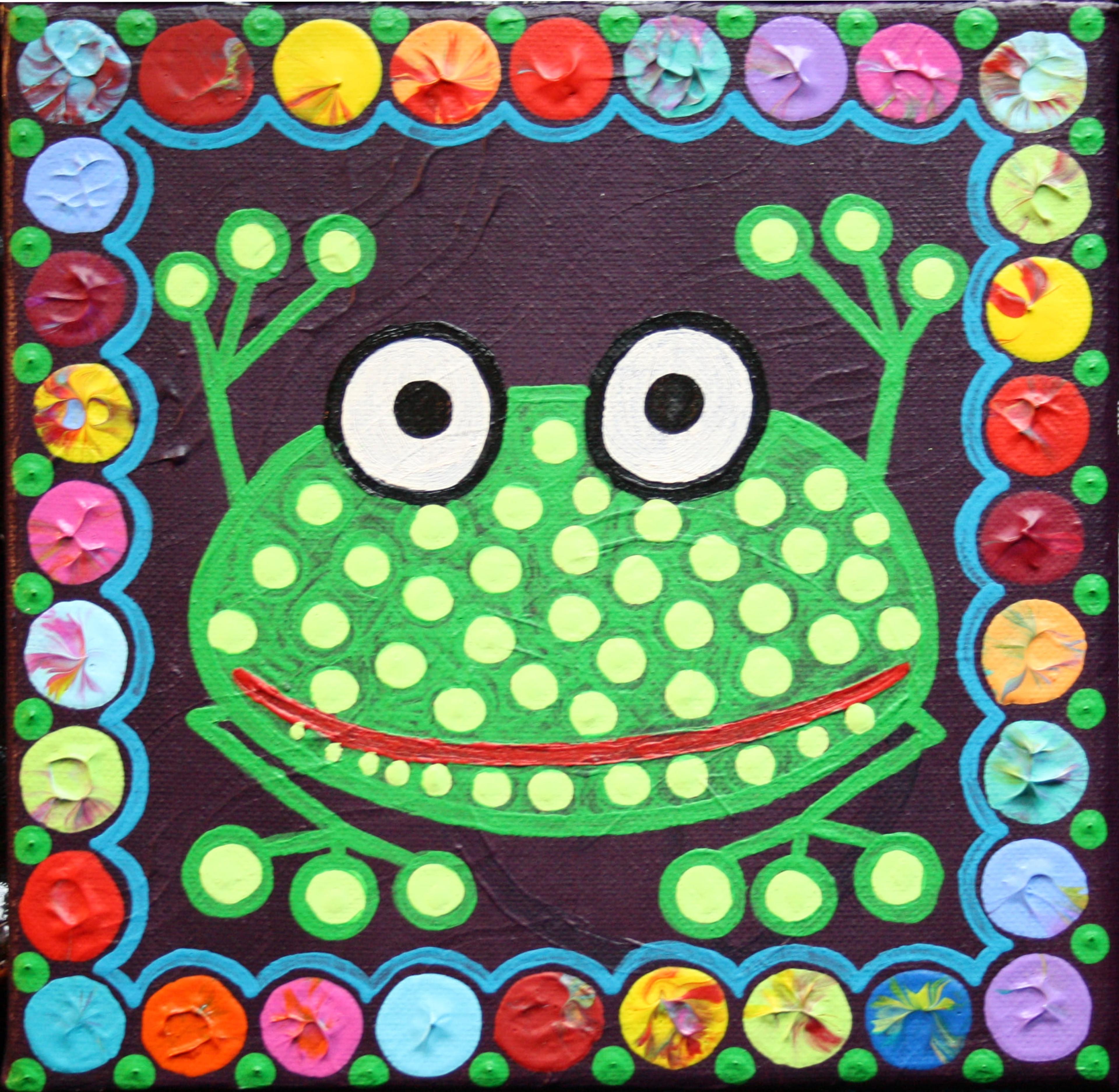 Tableau abstrait contemporain "Grenouille" de Caroline Pons. Grenouille verte à points jaunes, yeux blancs, bouche rouge sur fond violet. Bordure multicolore à points vibrants, ambiance joyeuse.