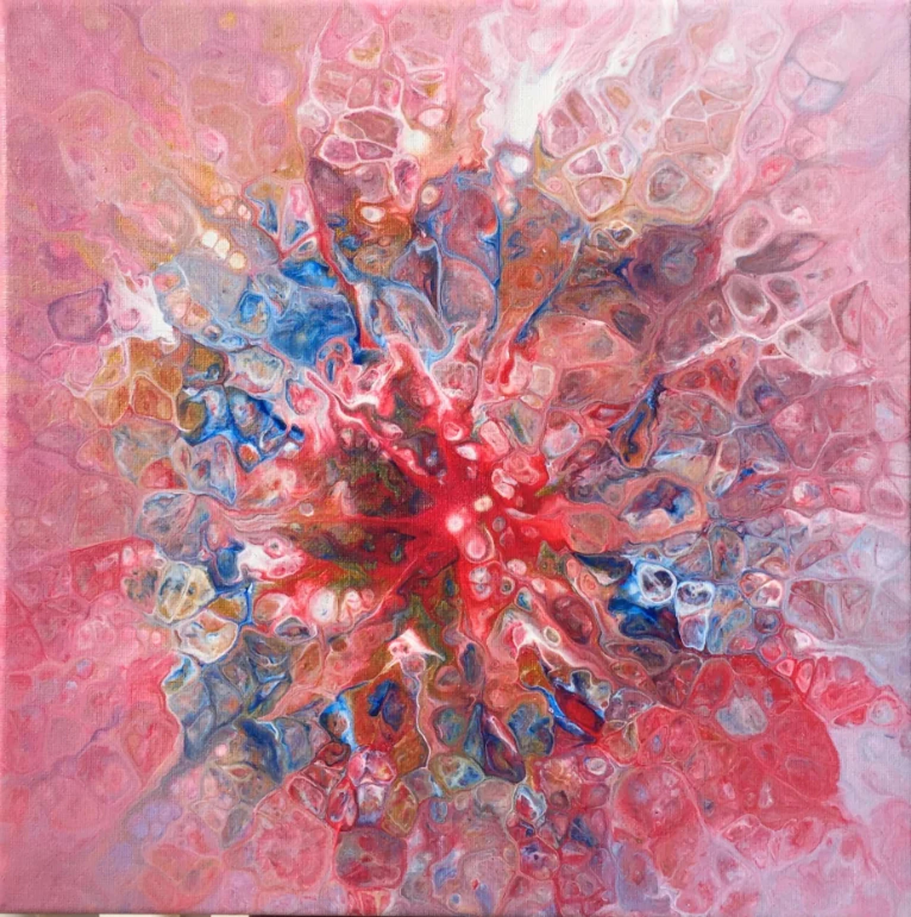 Tableau abstrait contemporain de Caroline Pons, Floraison alchimique. Œuvre vibrante rose, rouge, bleu et or avec des motifs de cellules complexes, évoquant une floraison dynamique et énergétique.
