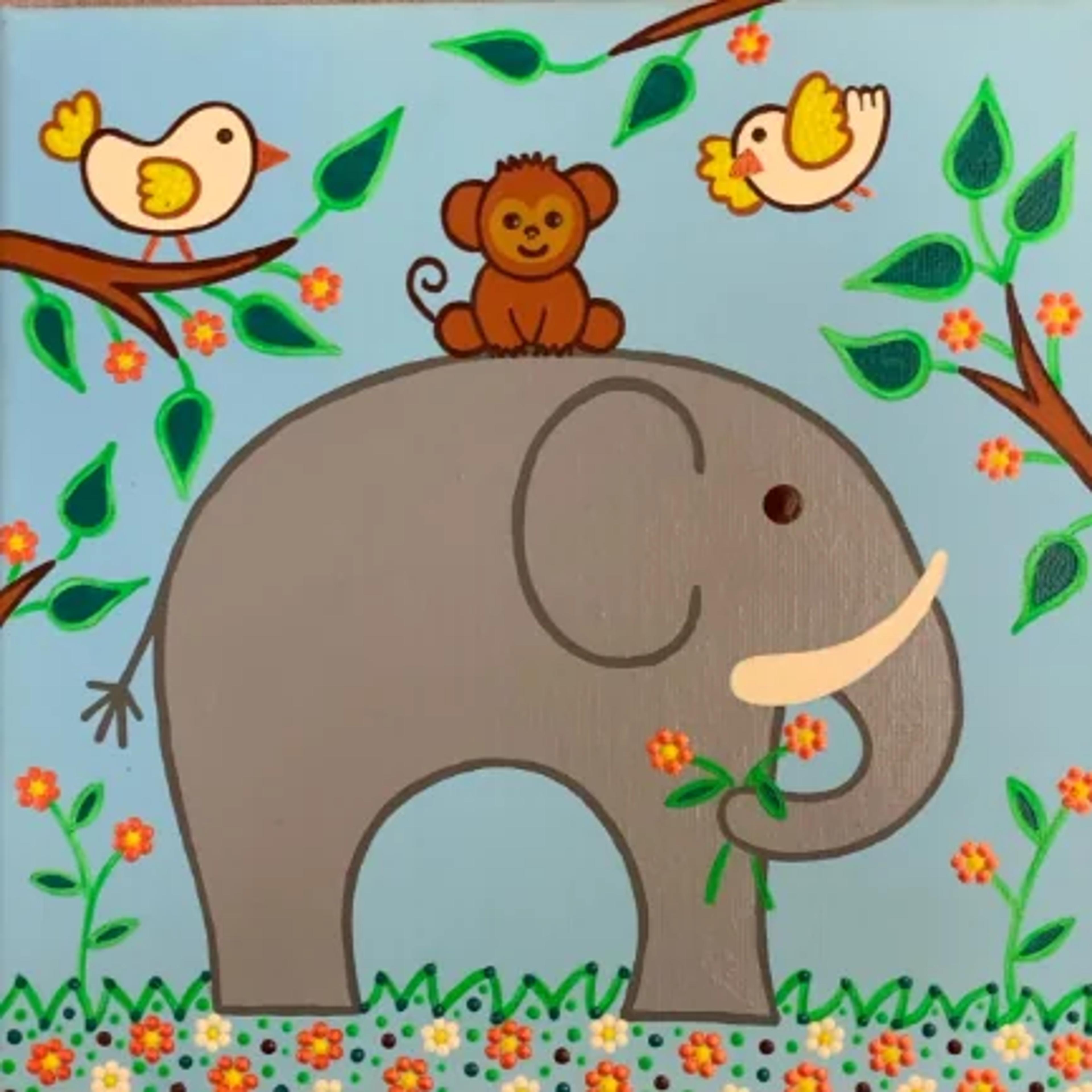 "Eléphant et son singe", toile acrylique de Caroline Pons. Un éléphant gris, un singe, des oiseaux et des fleurs en dot art vibrant sur un fond bleu ciel clair.