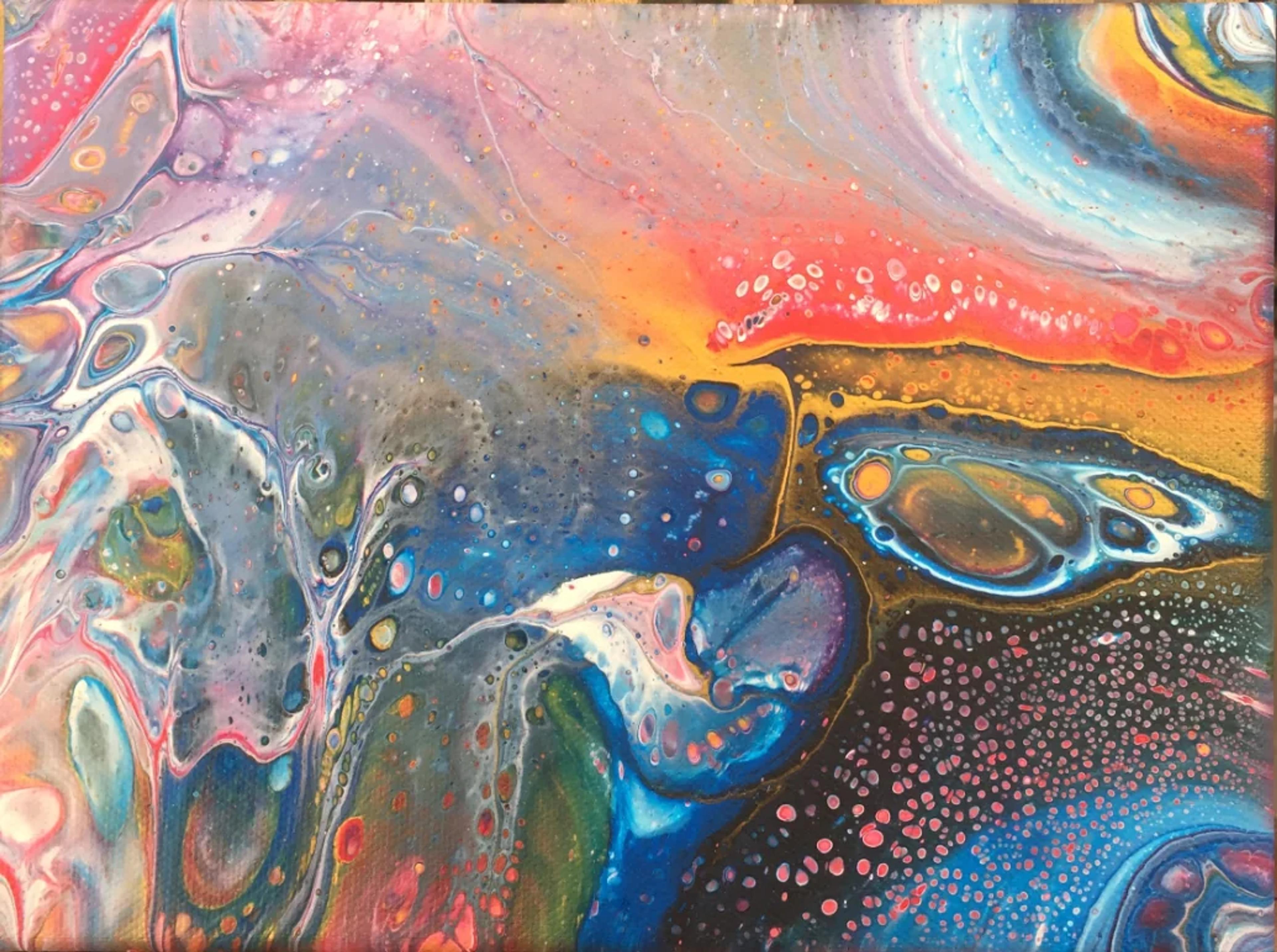 Tableau abstrait contemporain de Caroline Pons, aux formes fluides et cellulaires vives : roses, bleus, jaunes et rouges intenses. Effet d'acrylique pouring unique.
