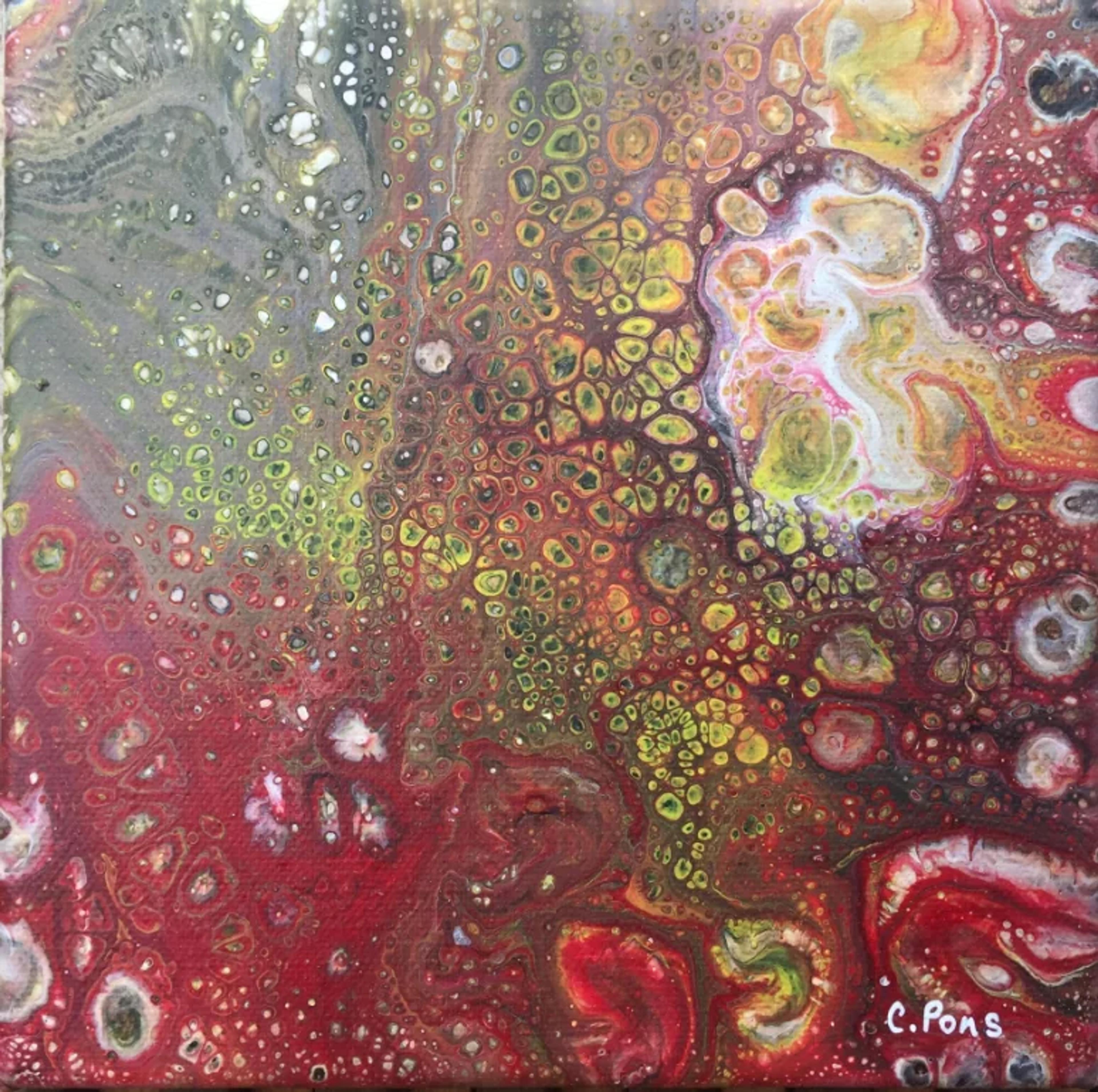 Tableau abstrait contemporain d'Acrylic pouring par Caroline Pons, présentant des formes cellulaires vibrantes en rouge, jaune, vert et gris.