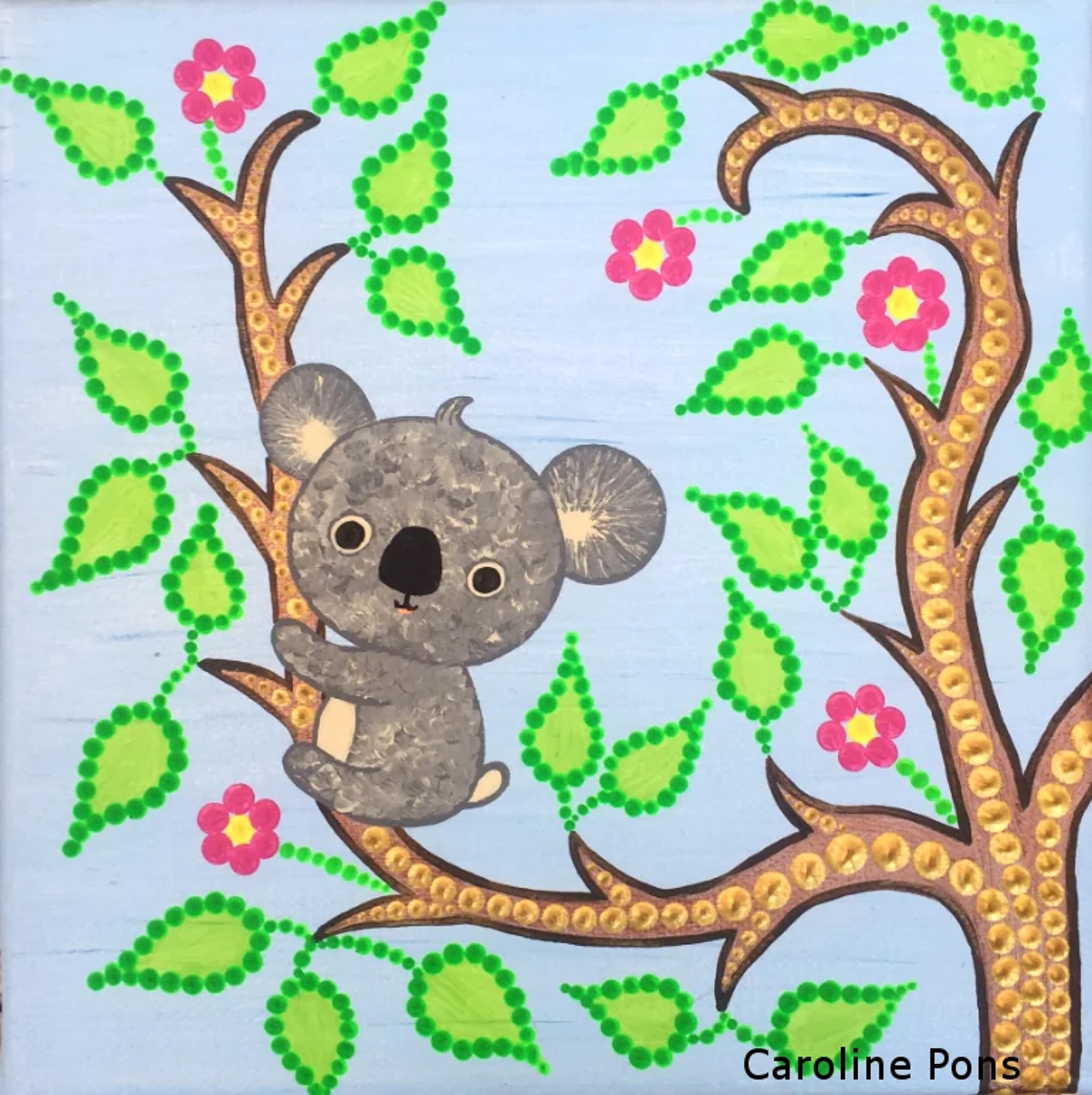 Œuvre originale de Caroline Pons: koala gris sur branches marron et feuilles vertes pointillistes, fleurs roses sur fond bleu ciel. Toile acrylique colorée.