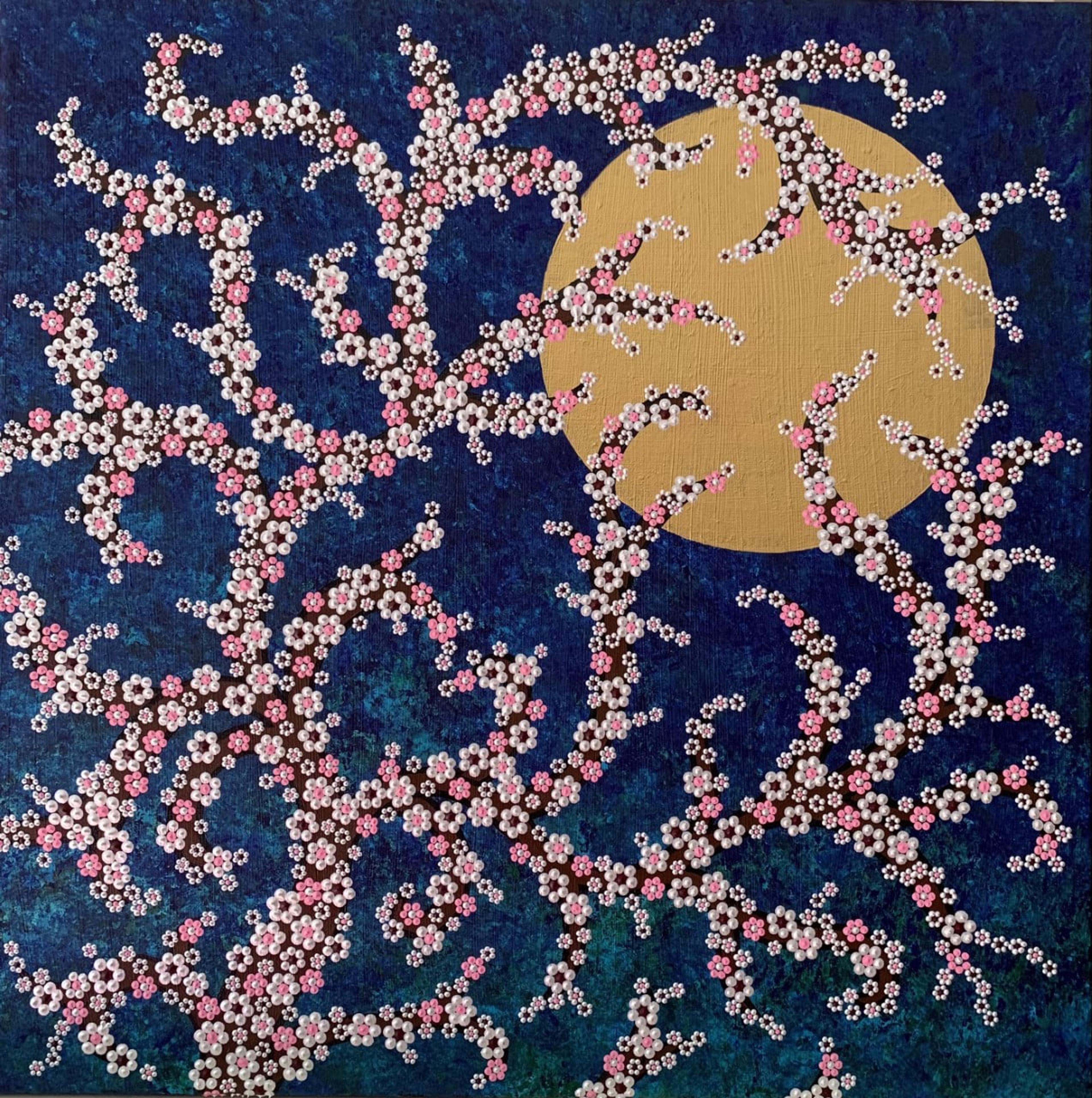 « Cerisier japonais », œuvre originale de Caroline Pons. Fleurs de cerisier en points roses et blancs, branches stylisées sur fond bleu nuit texturé avec lune dorée.
