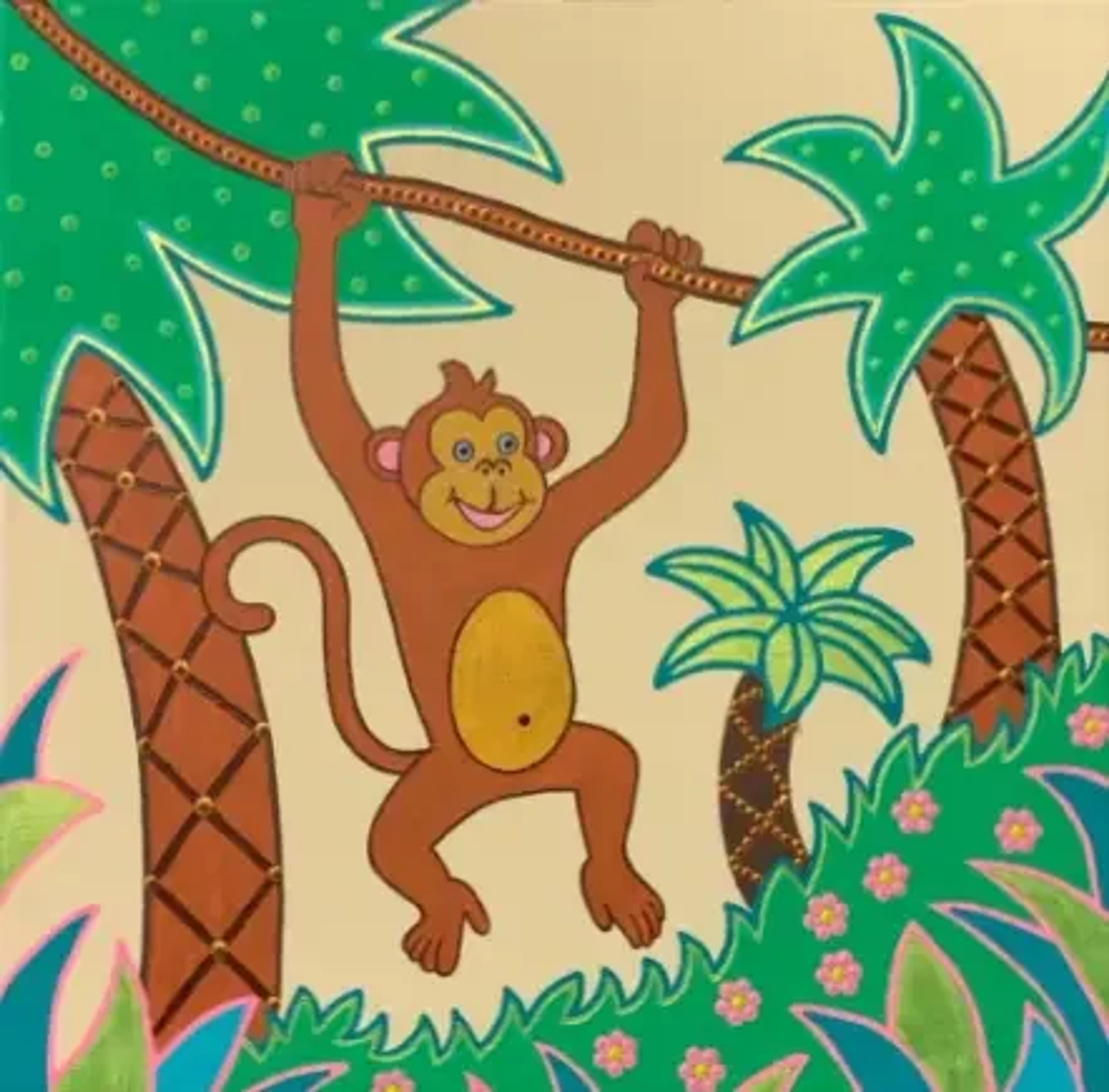 Singe, Caroline Pons: Toile d'un singe marron sur liane, jungle de palmiers. Cet art aborigène contemporain utilise des points et couleurs vives pour la végétation.