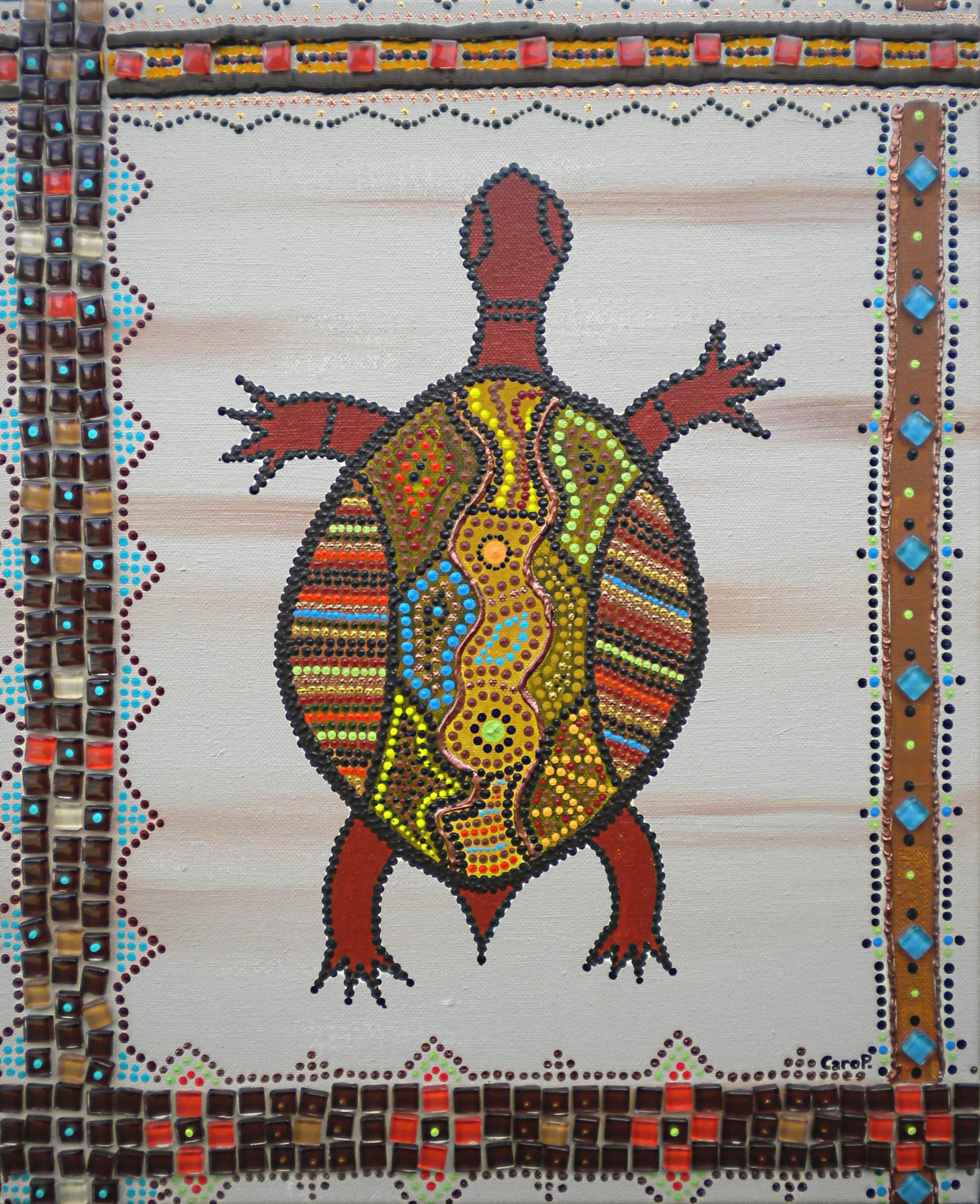 Caroline Pons : "Tortue Sophie", art aborigène contemporain. Dot art multicolore vibrant, motif de tortue rouge, jaune, bleu et vert, bordures géométriques avec mosaïques.
