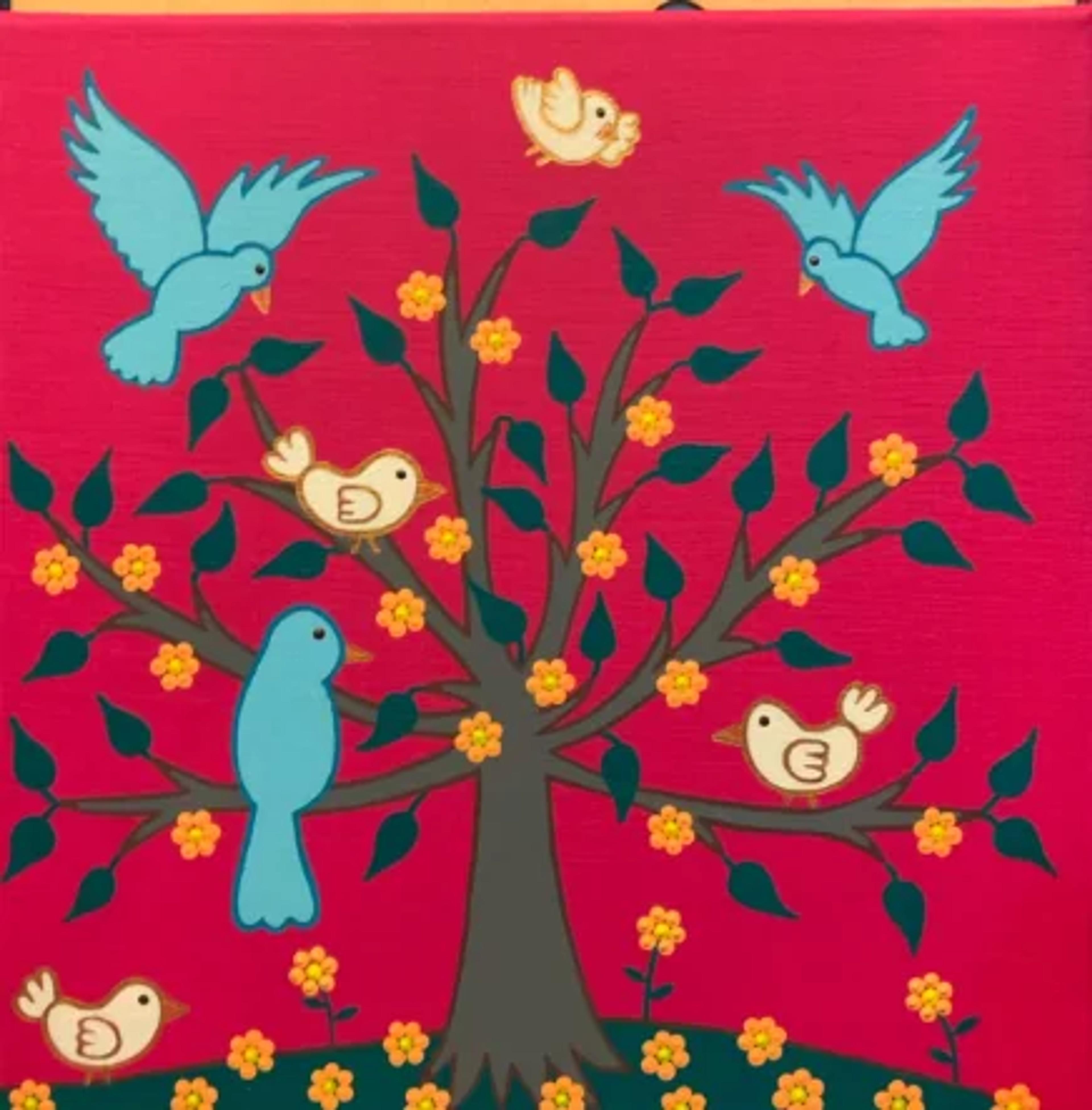 Caroline Pons, "Oiseaux sur arbre". Œuvre originale sur fond magenta vif avec oiseaux bleus/crème et arbre feuillu vert. Fleurs jaunes en points, style Art aborigène contemporain.