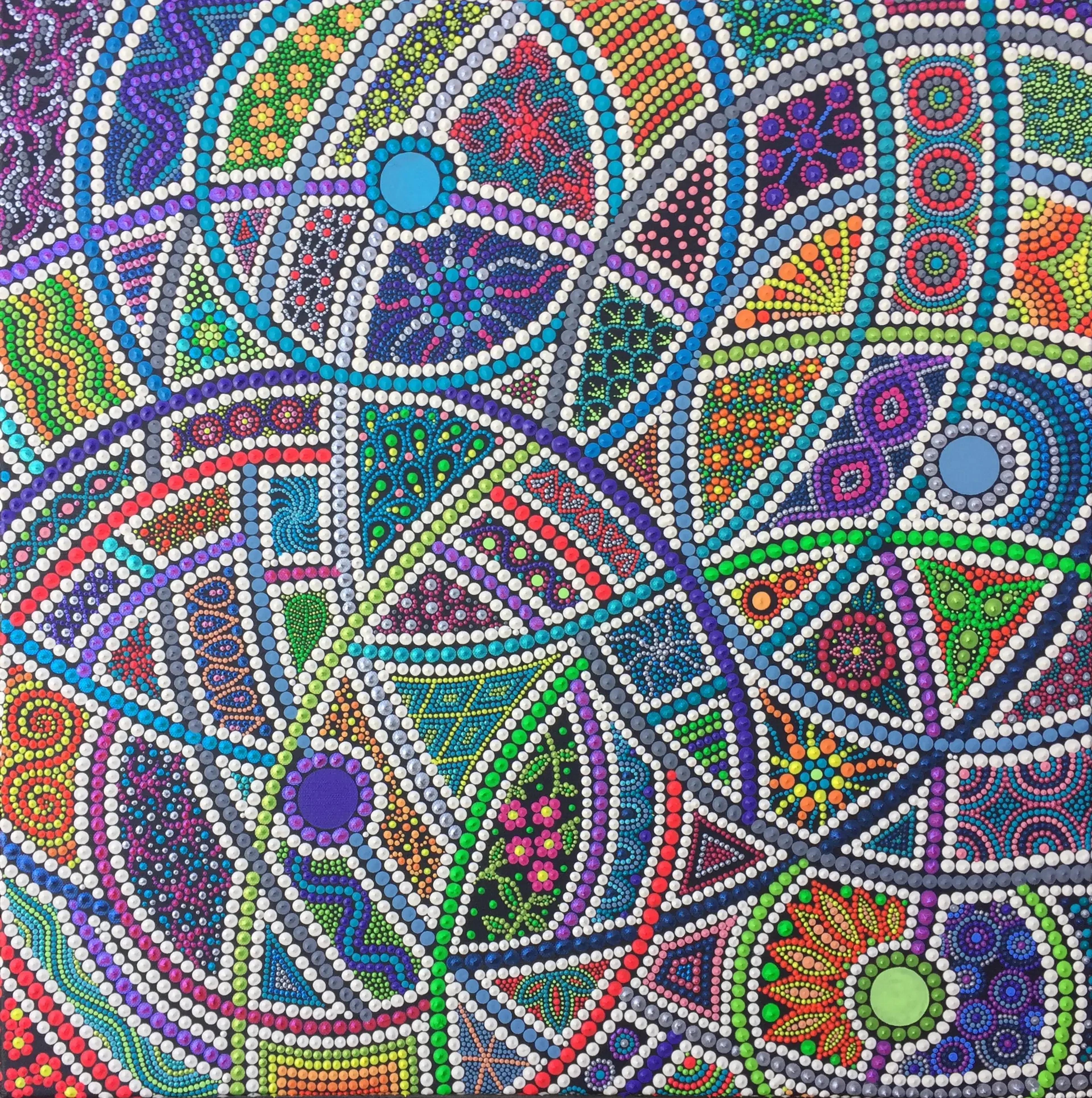 "Vitrail" par Caroline Pons: art mural unique, motifs complexes et couleurs vibrantes en dot art. Formes géométriques, florales et circulaires, un lumineux vitrail moderne.