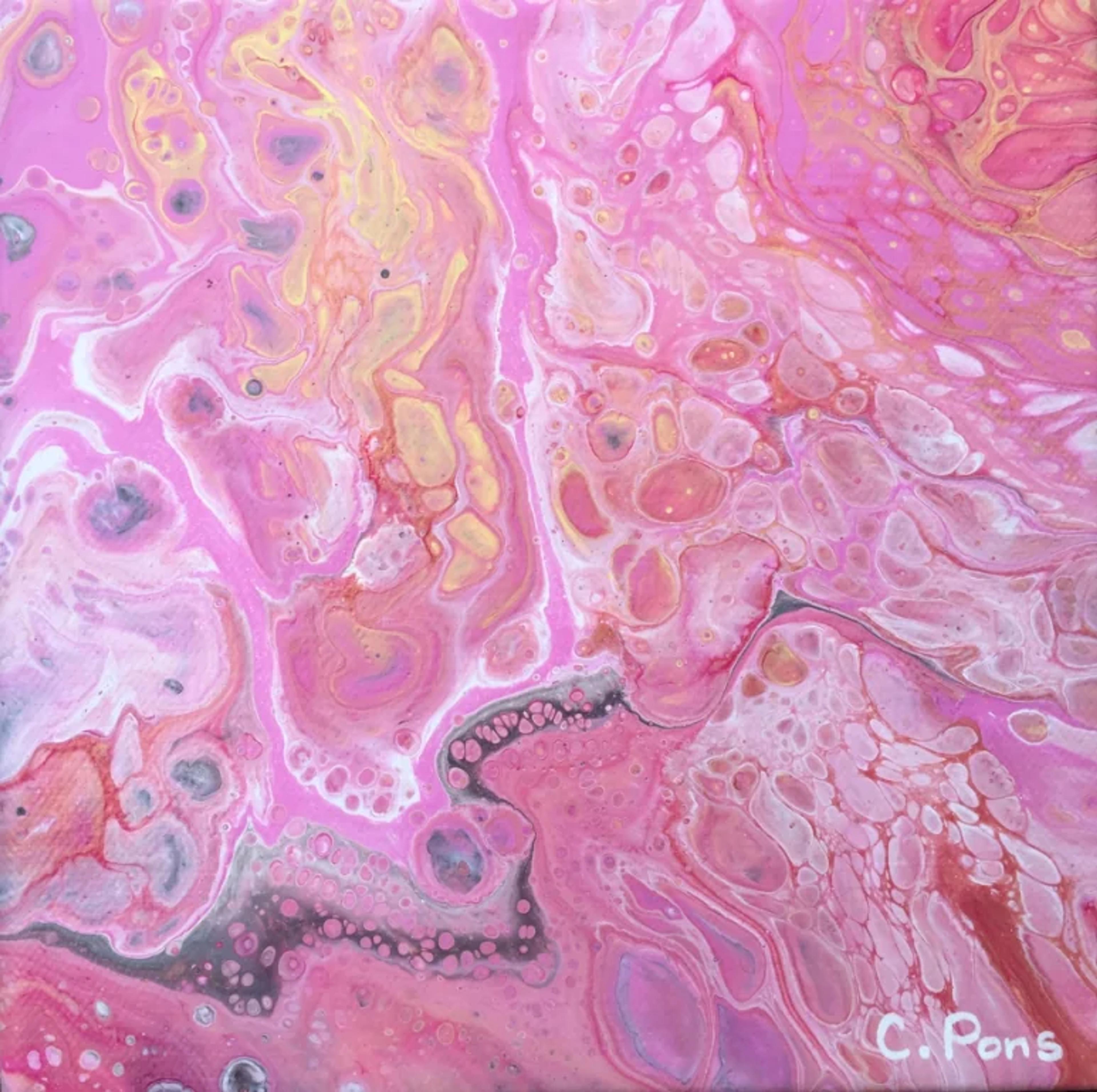 Tableau abstrait contemporain de Caroline Pons, œuvre fluide rose, or, blanc, avec motifs tourbillonnants et cellules, rappelant une rose éclatante.