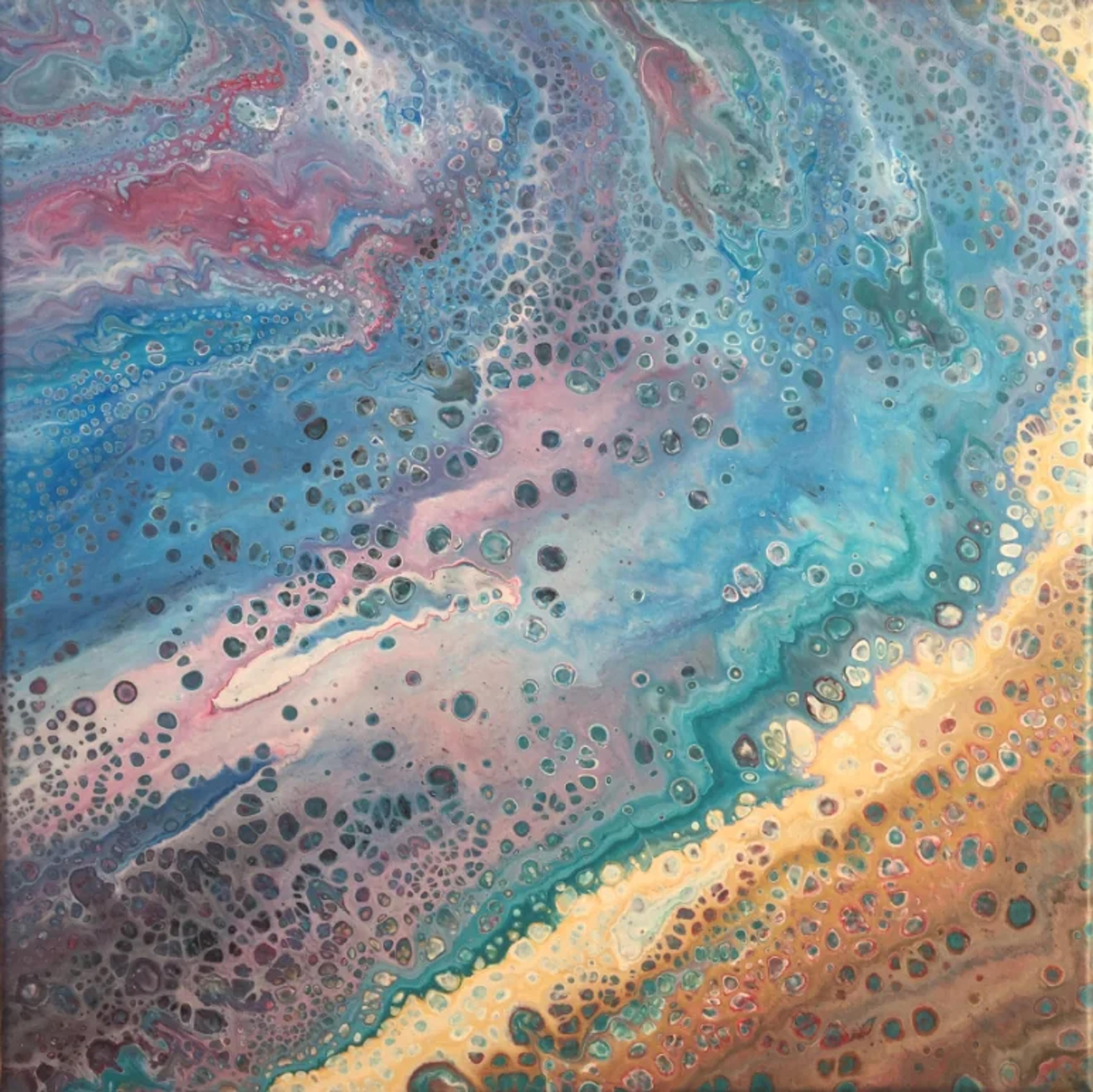 Caroline Pons: Tableau abstrait contemporain, coulées acryliques bleues, roses et ocres. Textures fluides, effet de cellules et vagues marines.