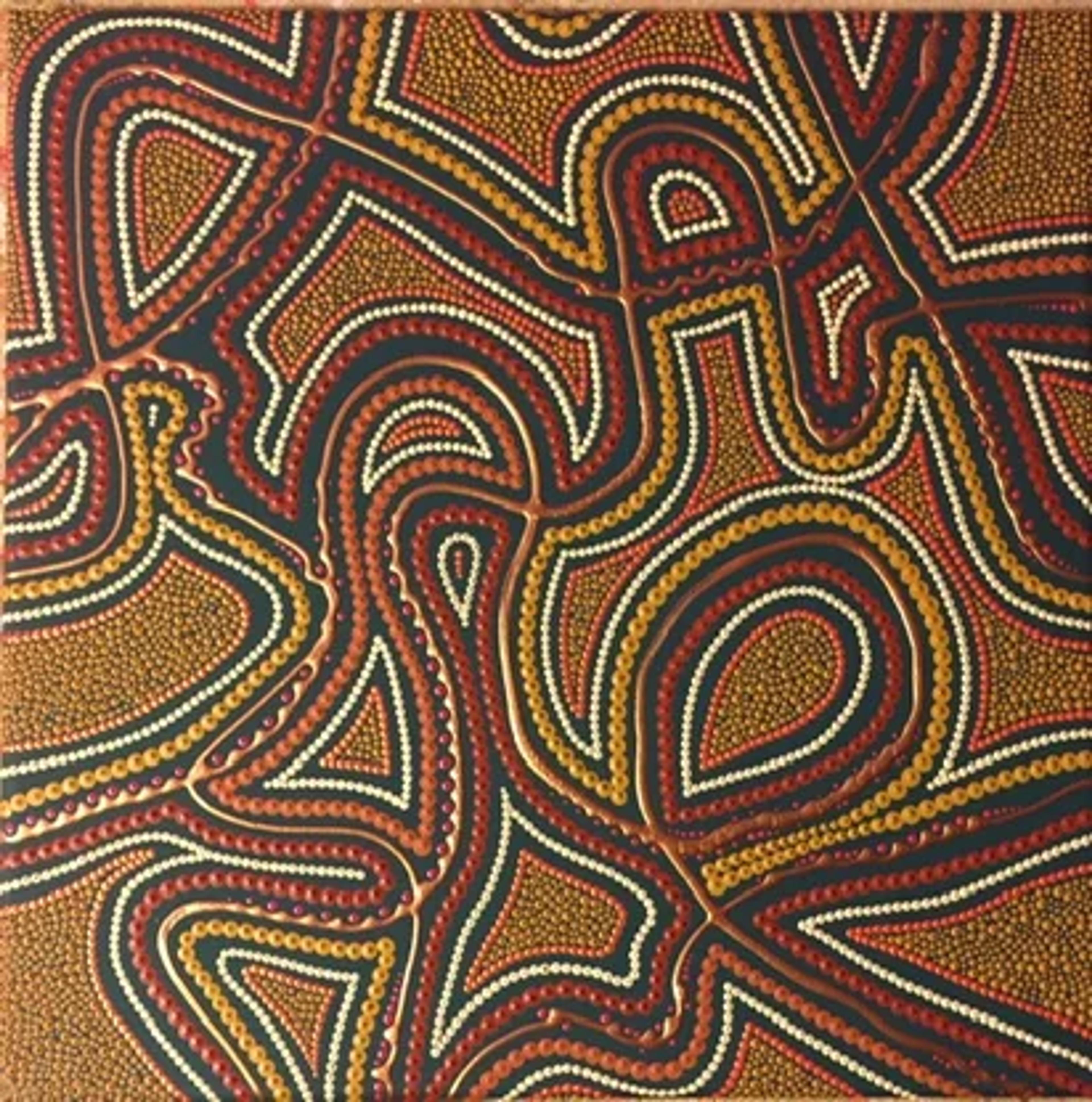 « Sans titre — Toile #281 », une création de Caroline Pons. Art aborigène contemporain avec motifs de points rouges, ocres, jaunes et blancs sur fond noir.