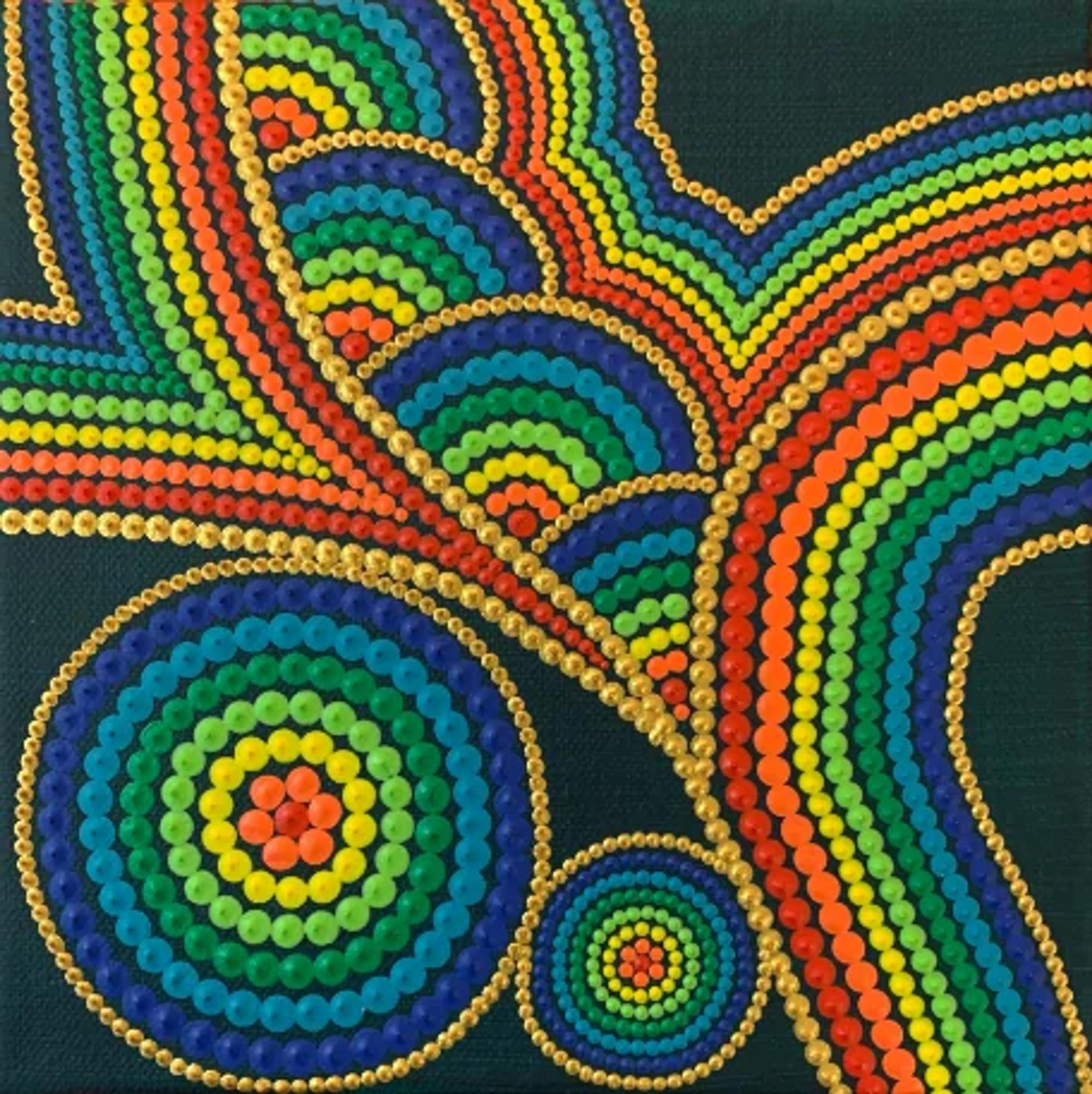Peinture moderne "Sans titre — Toile #345" de Caroline Pons. Composition de points vifs arc-en-ciel, cercles et motifs ondulants, soulignés d'or sur fond noir profond.