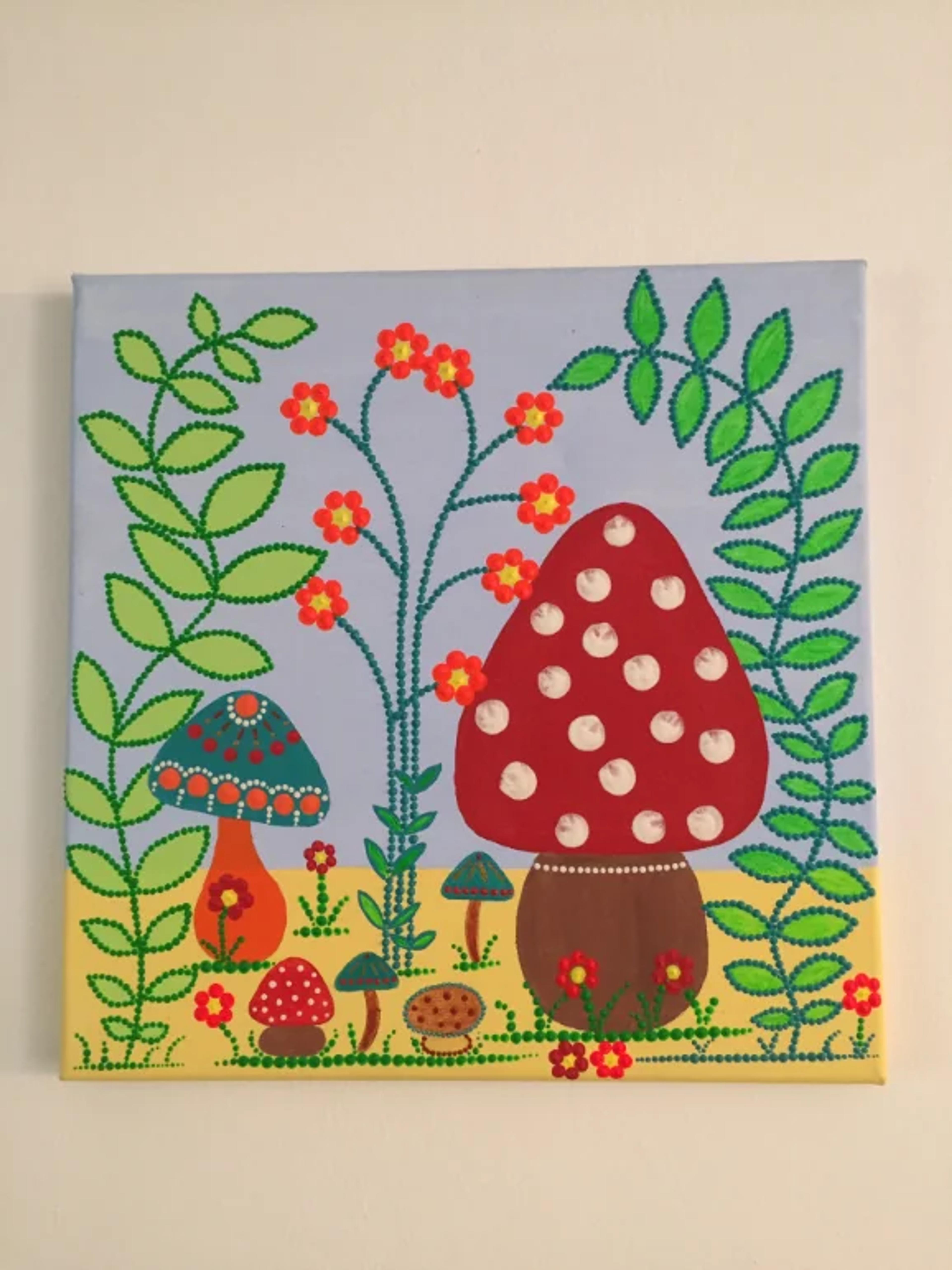 Champignons Maxime de Caroline Pons, toile acrylique vibrante. Champignons rouge, vert, orange, et feuillages stylisés en points et aplats sur fond bleu, ambiance nature joyeuse.