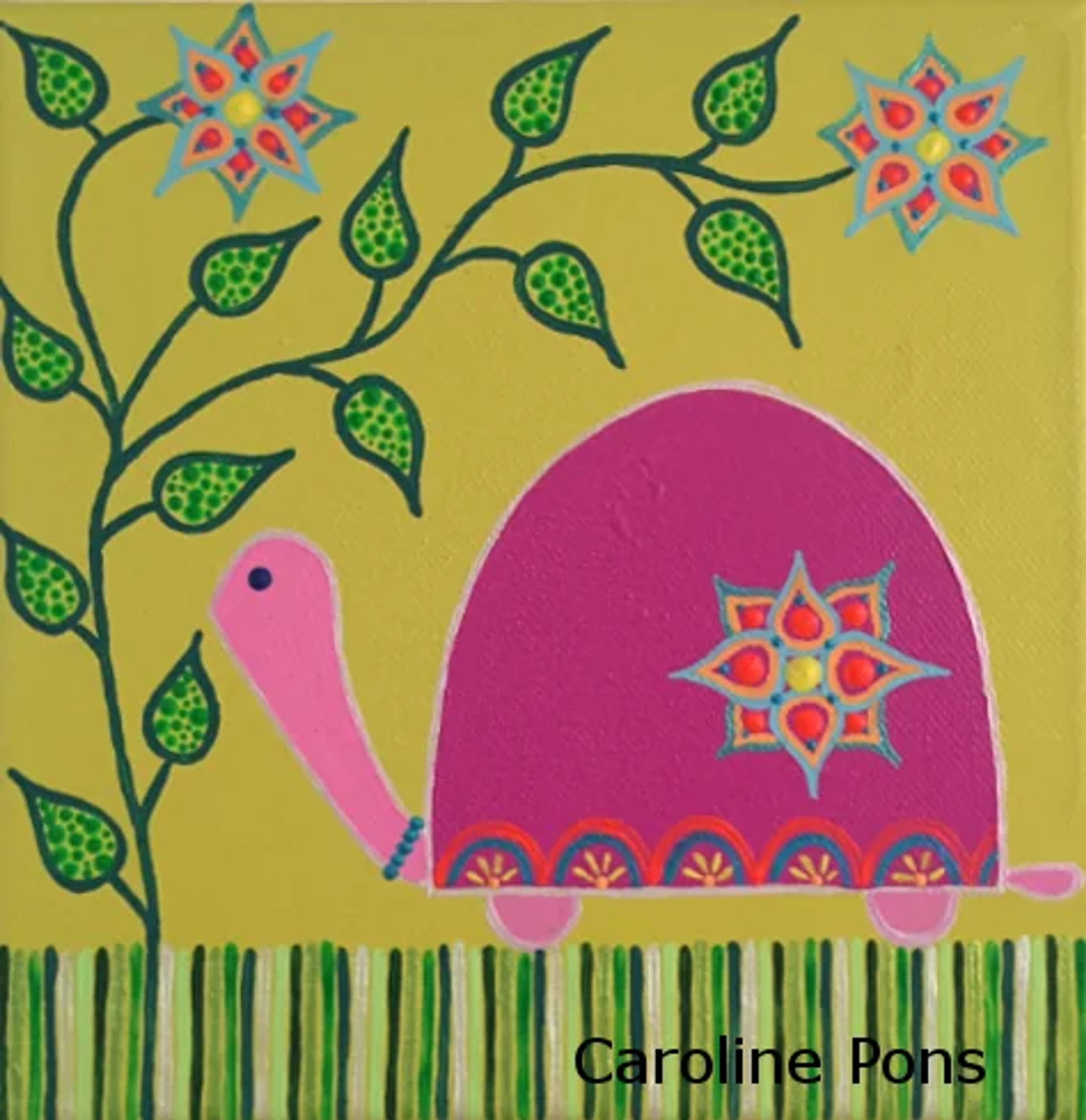 Caroline Pons, Tableau abstrait contemporain. Une tortue rose vif dotée de motifs floraux à points sur un fond vert anis. Les feuilles sont aussi en dot art, créant une ambiance joyeuse et stylisée.