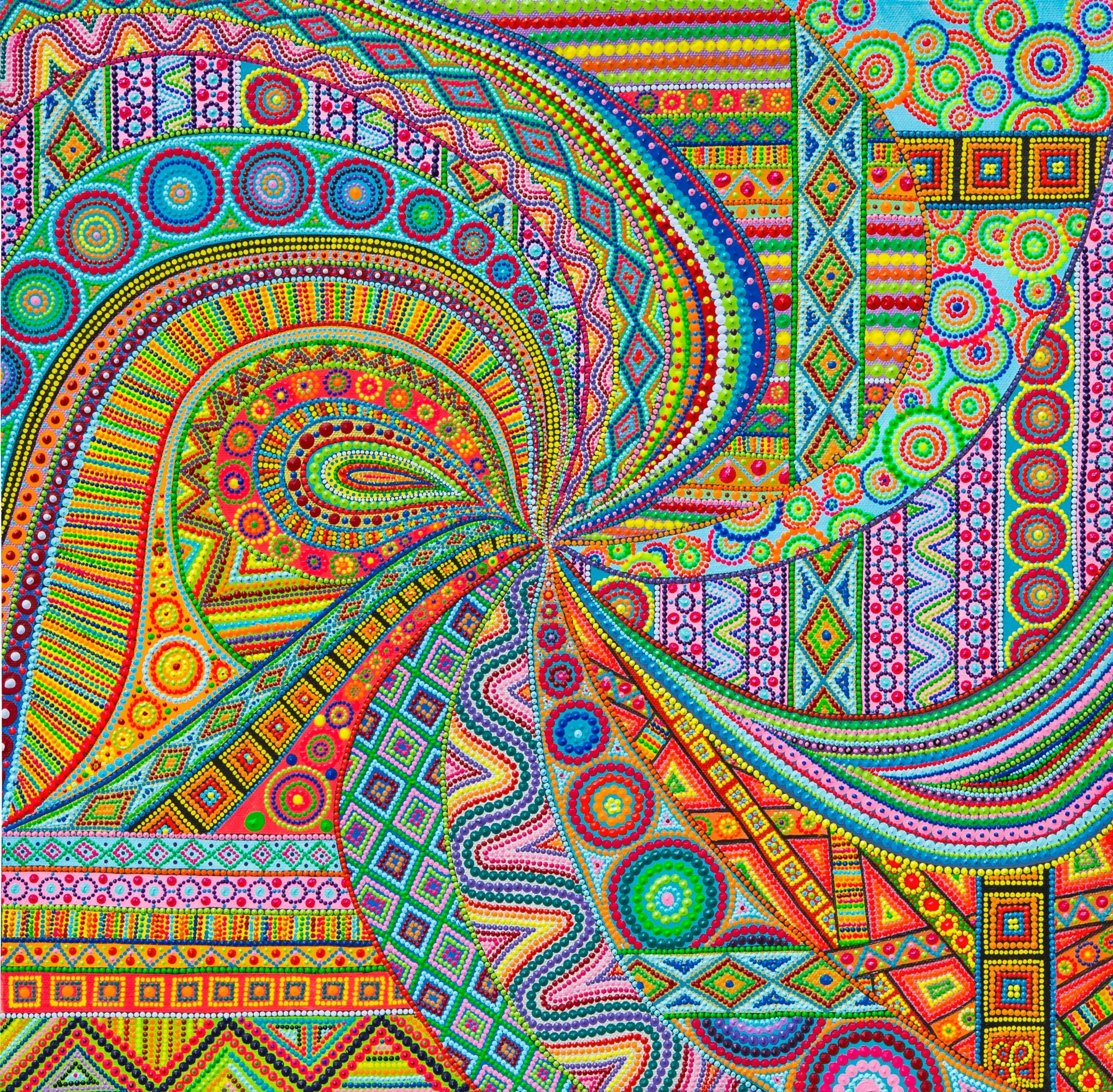 Caroline Pons présente un tableau abstrait contemporain. Des motifs géométriques et organiques aux couleurs vives (rose, turquoise, orange, vert) forment une œuvre complexe en pointillé, vibrante et rythmée.