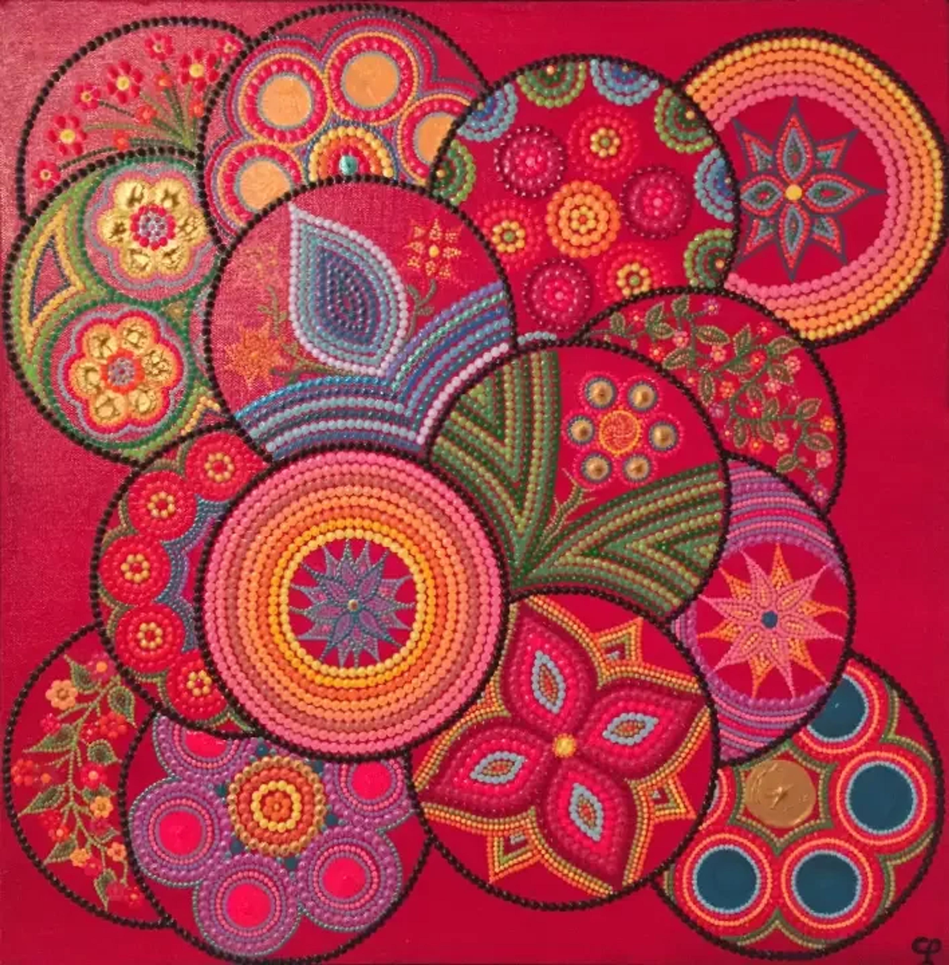 Rouge Magalie: Contemporary fine art by Caroline Pons. Vibrant dot art on magenta. Overlapping circles, floral and geometric patterns in red, orange, blue, green, gold. Rich ambiance.