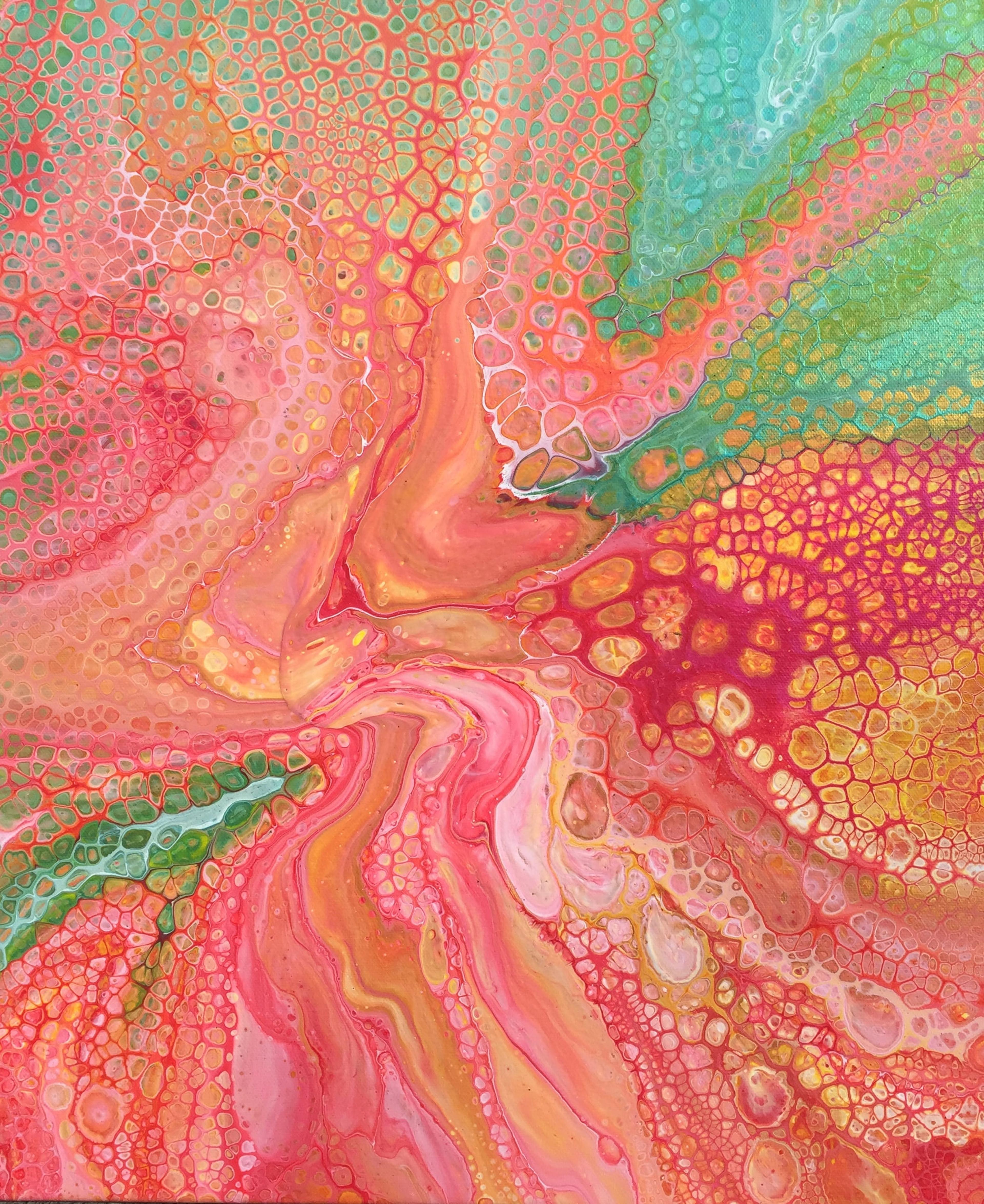 Caroline Pons : Tableau abstrait contemporain, technique d'acrylic pouring. Couleurs vibrantes rose corail, orange, vert turquoise, motifs cellulaires fluides.