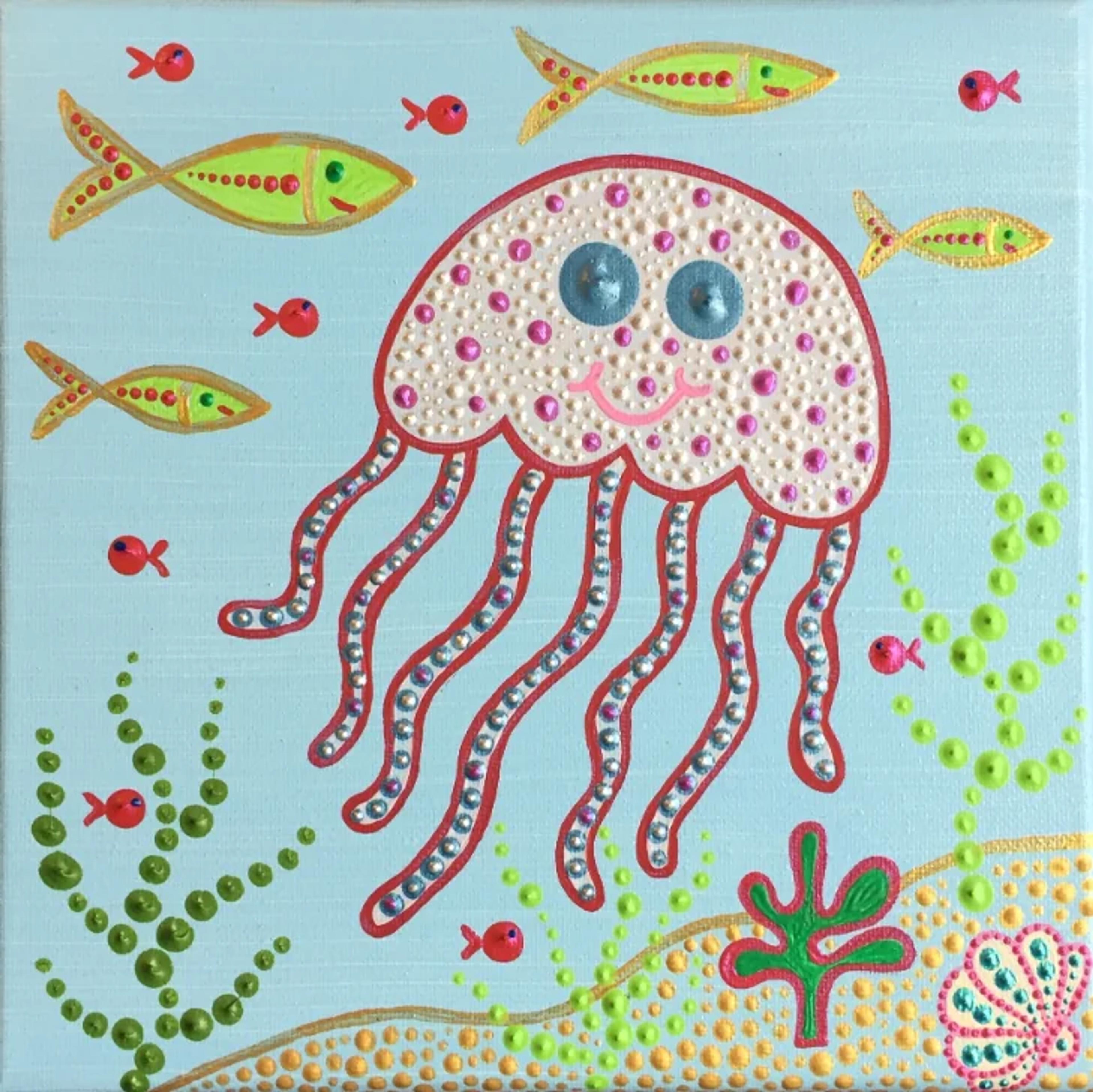 Toile acrylique vibrante "Méduse" de Caroline Pons, art pointilliste sous-marin. Méduse rose/blanche aux yeux bleus, poissons verts, algues et sable en points colorés sur fond bleu clair. Peinture moderne unique.