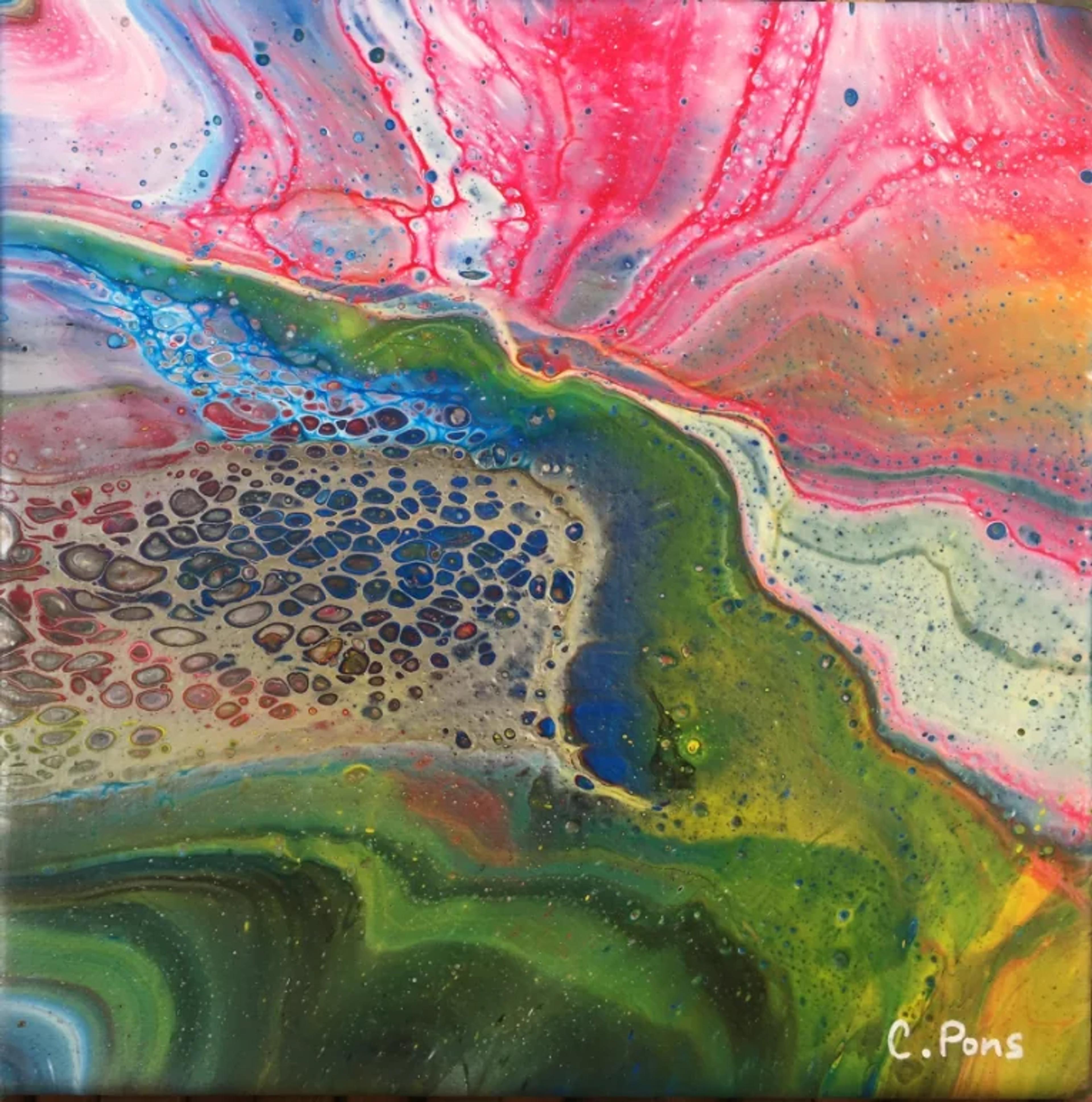 Tableau abstrait contemporain de Caroline Pons: art fluide vibrant aux tons roses, bleus, verts, avec motifs de cellules organiques et tourbillons éclatants.